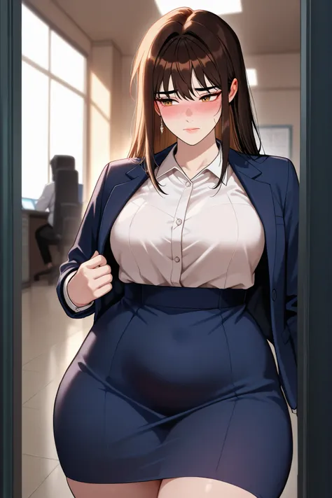 Masterpiece, 4k, High Resolution, wide hips, manhwa style, office lady, seductive, medium breasts, adult, shy, insecure, self conscious, overweight, chubby, chubby waist, pudgy waist, ill fitting outfit,  chubby belly, fat, secretary, big waist, buttons st...