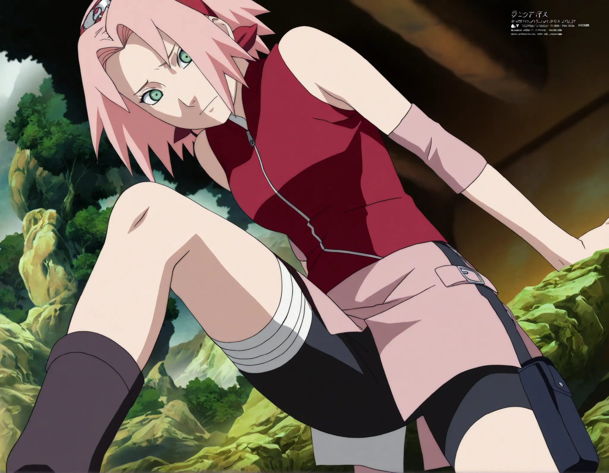 1girl,haruno sakura standing look at the viewer, BREAK pink hair, short hair, red hairband, green eyes, parted bangs, BREAK red sleeveless minidress, zipper, pink miniskirt, bandaged thigh, BREAK medium breasts, beautiful body, beautiful legs ,lift legs, m...