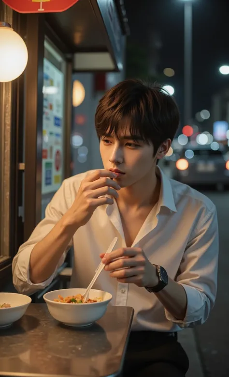 best quality, masterpiece, high sensitivity, high resolution, detailed depiction, white pale skin, cute mouth, cute eye, high nose, smooth skin, perfect legs according to anatomy,perfect hands according to anatomy, 5 fingers, reflections, shot with Canon EOS R5, 50mm lens, f/1.8, 8k resolution, ray tracing, realistic shadow quality, realistic reflection quality, Realistic light quality, Masterpiece, high definition, very detailed , realistic, photorealistic, RAW photo, beautiful detailed face, Detailed Hair Texture, perfect body, beautiful face, anatomically correct body and face, 
man eating alone at a small street-side food stall at night, formal shirt unbuttoned at the top, steam rising from hot bowl, neon reflections on metal table, tired but relaxed expression, gritty night ambiance, photorealistic street lighting
