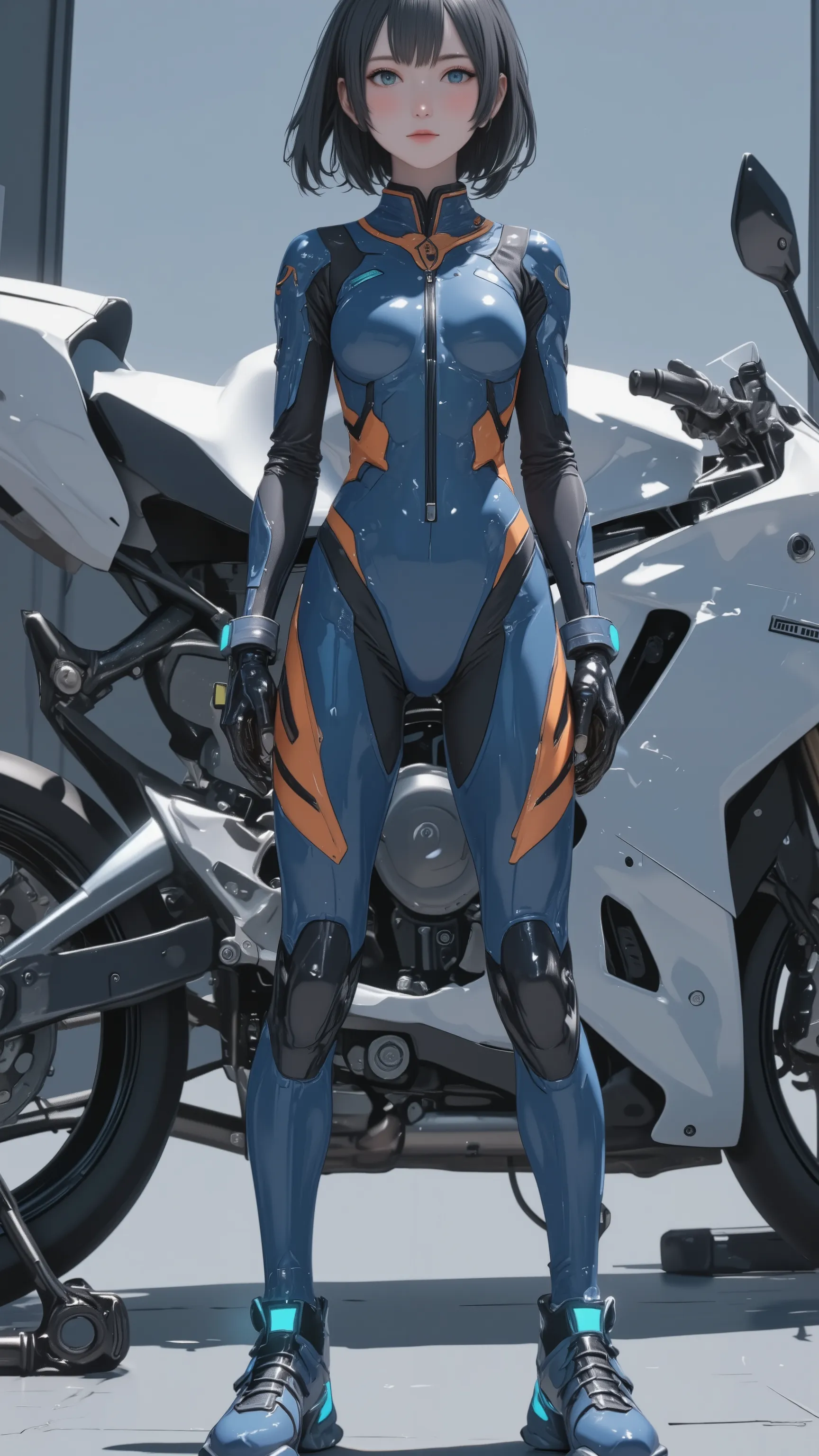 live-action 、Genuine、Kawasaki bike 、Official Design、 beautiful Japanese female pilot 、 Thin blue and orange pilot suit、 high tech sneakers that amplify light 、 black hair、 Shortcut 、