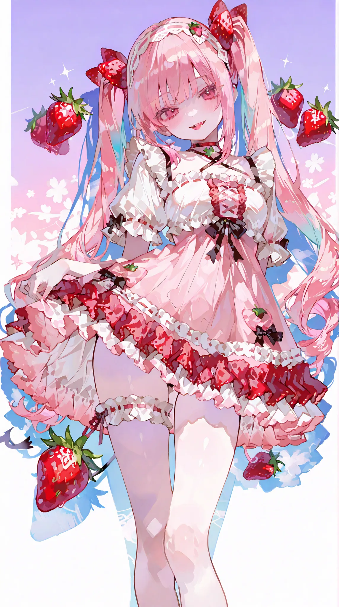 Girl Brilliant hair,Colorful Hair with Eyes,Brilliant eyes,Long hair, [Thick hair, Round hair tail,this,Dull hair band,((eat Brilliant strawberry))Brilliant strawberry,手に持ったstrawberry,Brilliant strawberry,手に持ったstrawberry,Brilliant,Pastel, 黑暗cute ,Pastel, c...