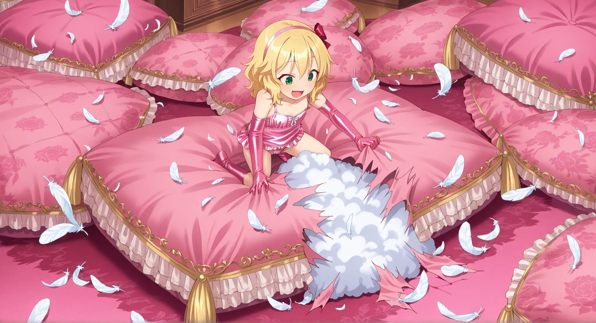 (score_9:0.9),score_8_up,score_7_up,negative_hand, realistic,satoukuuki,satou kuuki,warm color,sakurai momoka, short hair, blonde hair, wavy hair, hairband, hair bow, bangs, hair between eyes, green eyes, flat chest, camisole, over elbow glove, underwear, ...