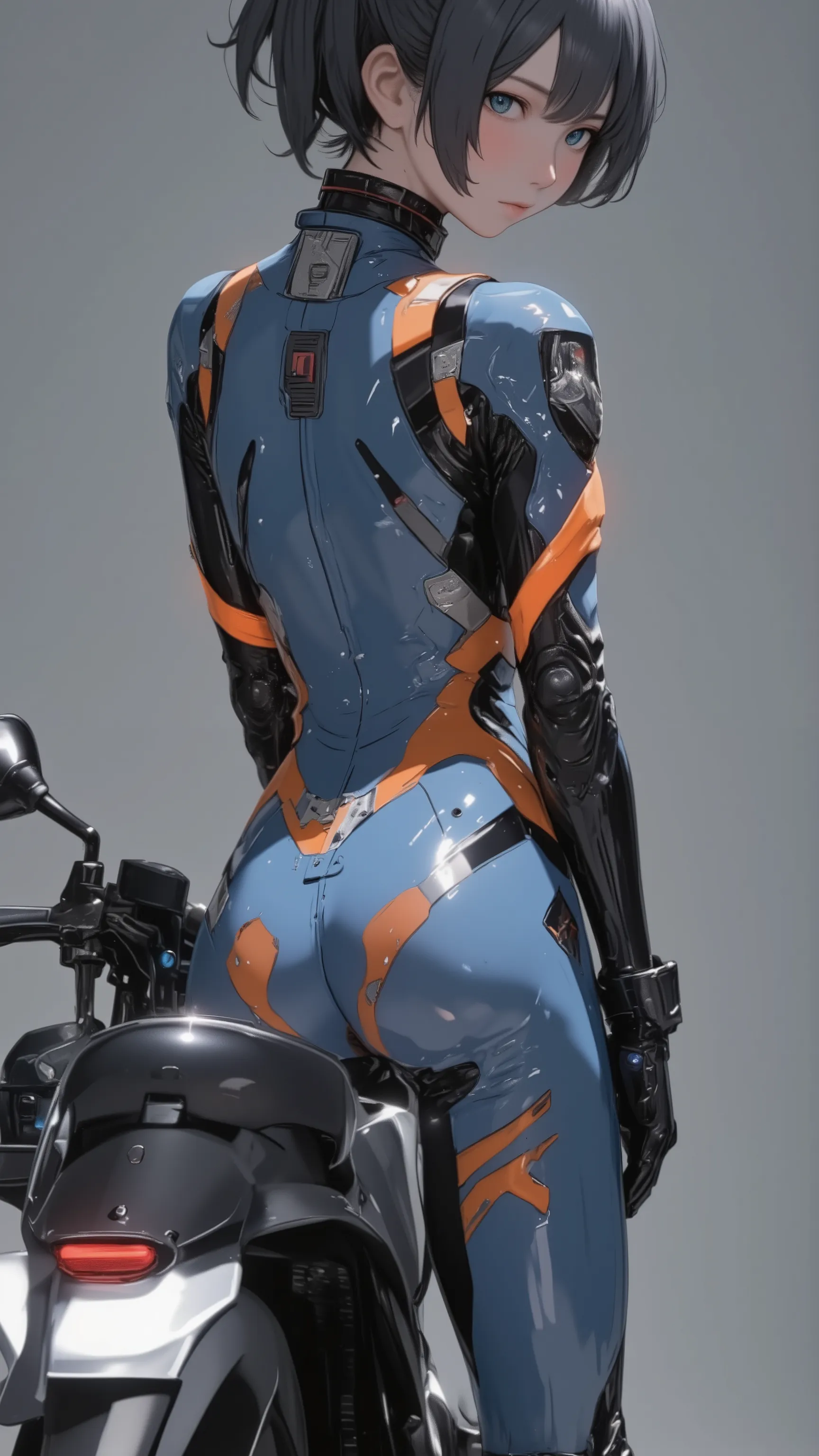 live-action 、Genuine、Kawasaki bike 、Official Design、 beautiful Japanese female pilot 、 Thin blue and orange pilot suit、 high tech sneakers that amplify light 、 black hair、 shorthairs 、Back view、big ass、