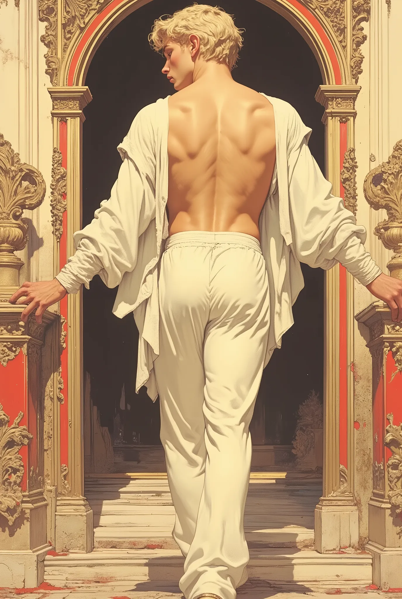 oil painting, detailed painting by Alphonse Mucha. Beautiful blonde antique white+biscuit watercolor, , , an attractive open male figure, full length silhouette, image of insidious seduction, A 25-year-old young man in open, luxurious Roman clothes. The mu...