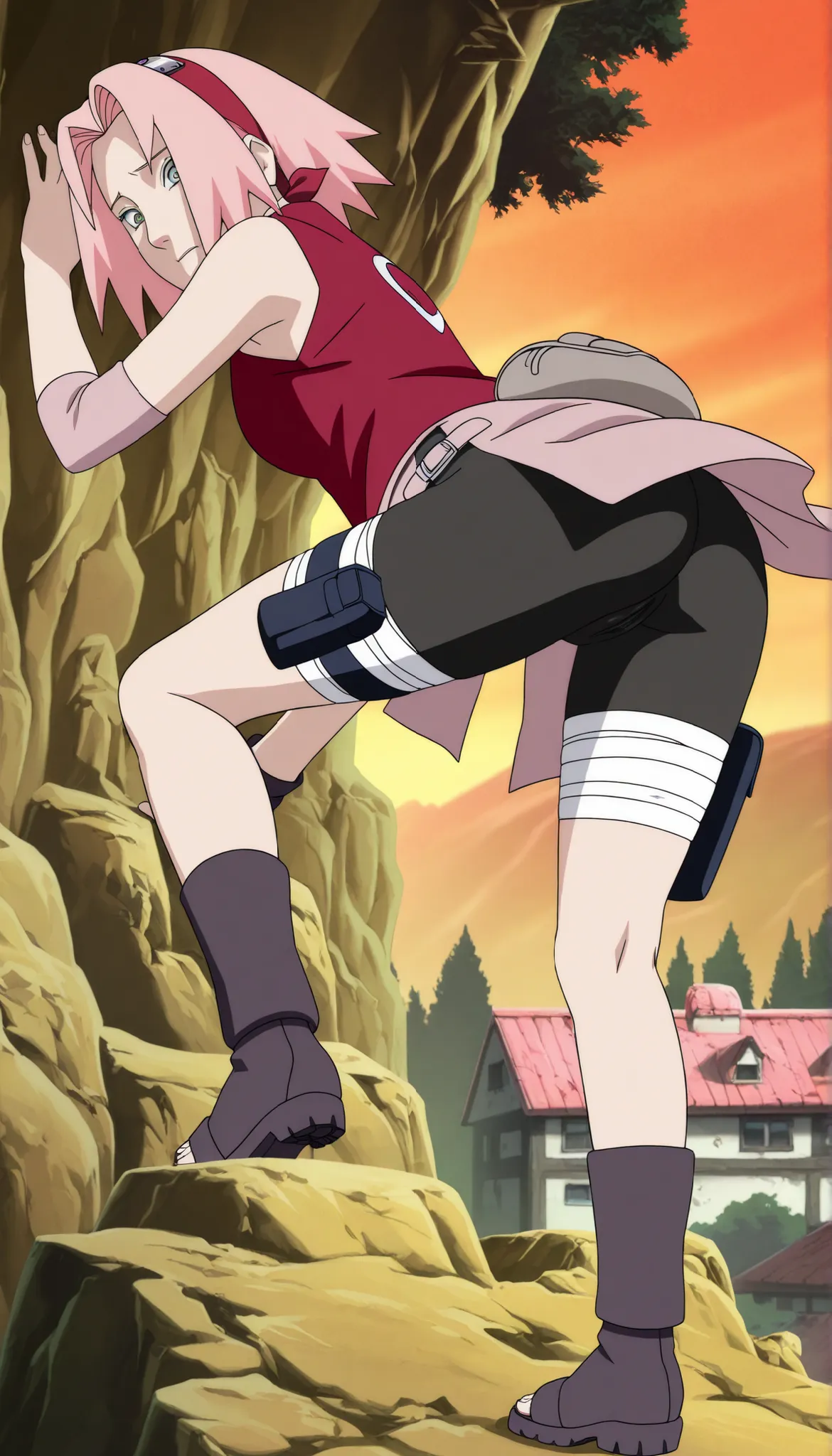 1girl,((haruno sakura , focus on the butt, black tight shorts, Spread your legs ,focus on the vagina)), BREAK pink hair, short hair, red hairband, green eyes, parted bangs, BREAK red sleeveless minidress, zipper, pink miniskirt, bandaged thigh, BREAK mediu...