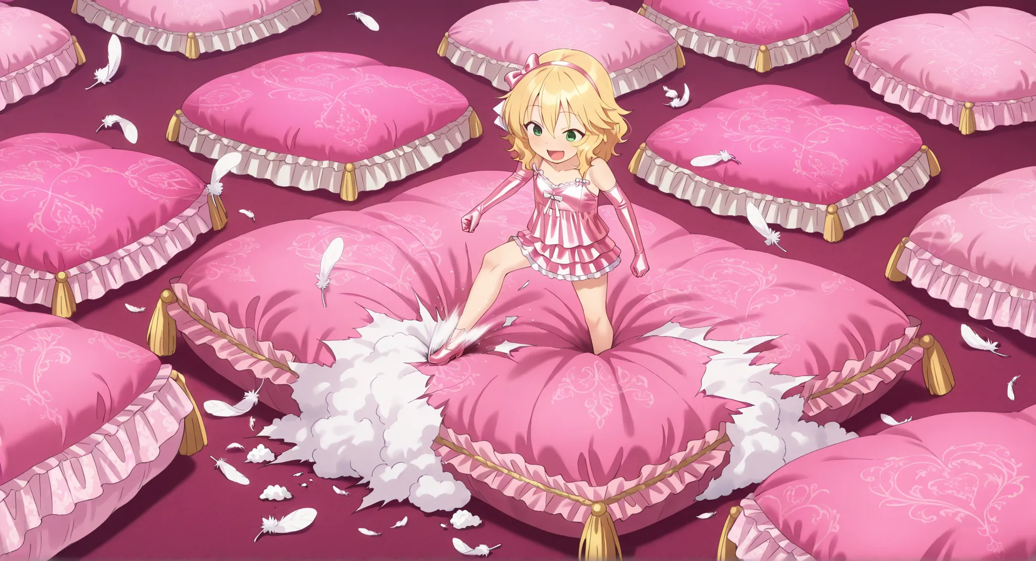 (score_9:0.9),score_8_up,score_7_up,negative_hand, realistic,satoukuuki,satou kuuki,warm color,sakurai momoka, short hair, blonde hair, wavy hair, hairband, hair bow, bangs, hair between eyes, green eyes, heart pupil, flat chest, camisole, over elbow glove...