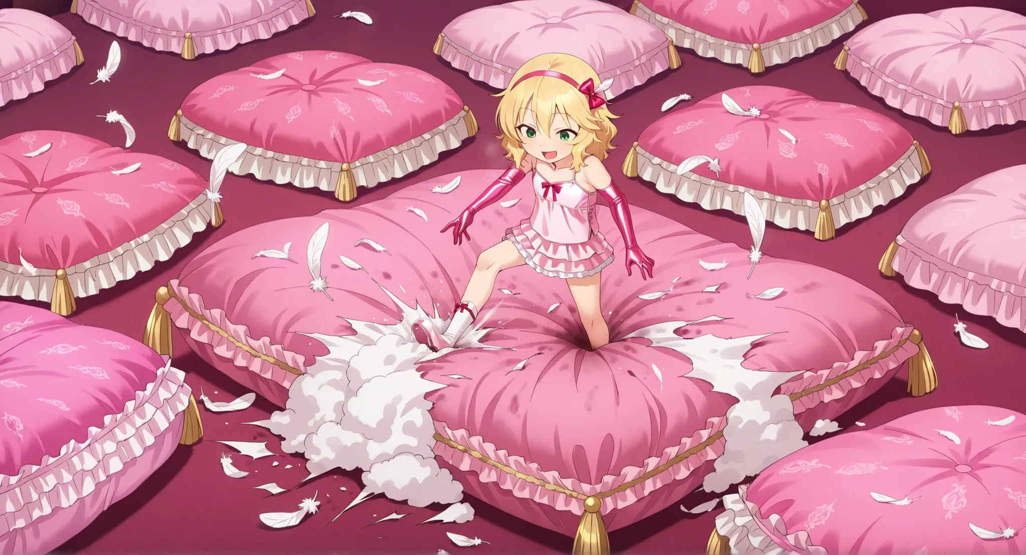 (score_9:0.9),score_8_up,score_7_up,negative_hand, realistic,satoukuuki,satou kuuki,warm color,sakurai momoka, short hair, blonde hair, wavy hair, hairband, hair bow, bangs, hair between eyes, green eyes, heart pupil, flat chest, camisole, over elbow glove...
