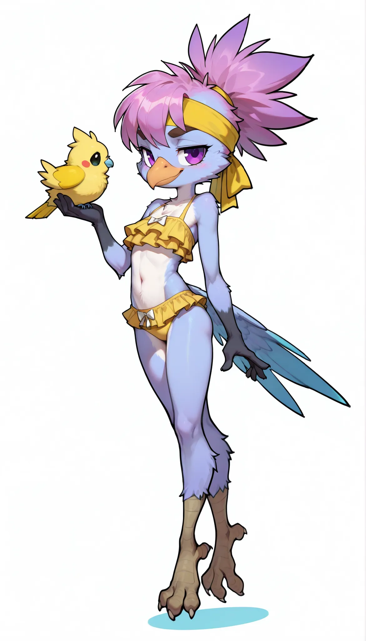 score_9,score_8_up,score_7_up, source_cartoon, spurce_anime, source_furry, Furry girl, fluffy ears, anthro bird, yellow bird beak, magenta hair, short spiky hairstyle, short spiky ponytail, clear lilac body fur, anime style, small breasts, purple eyes, big...