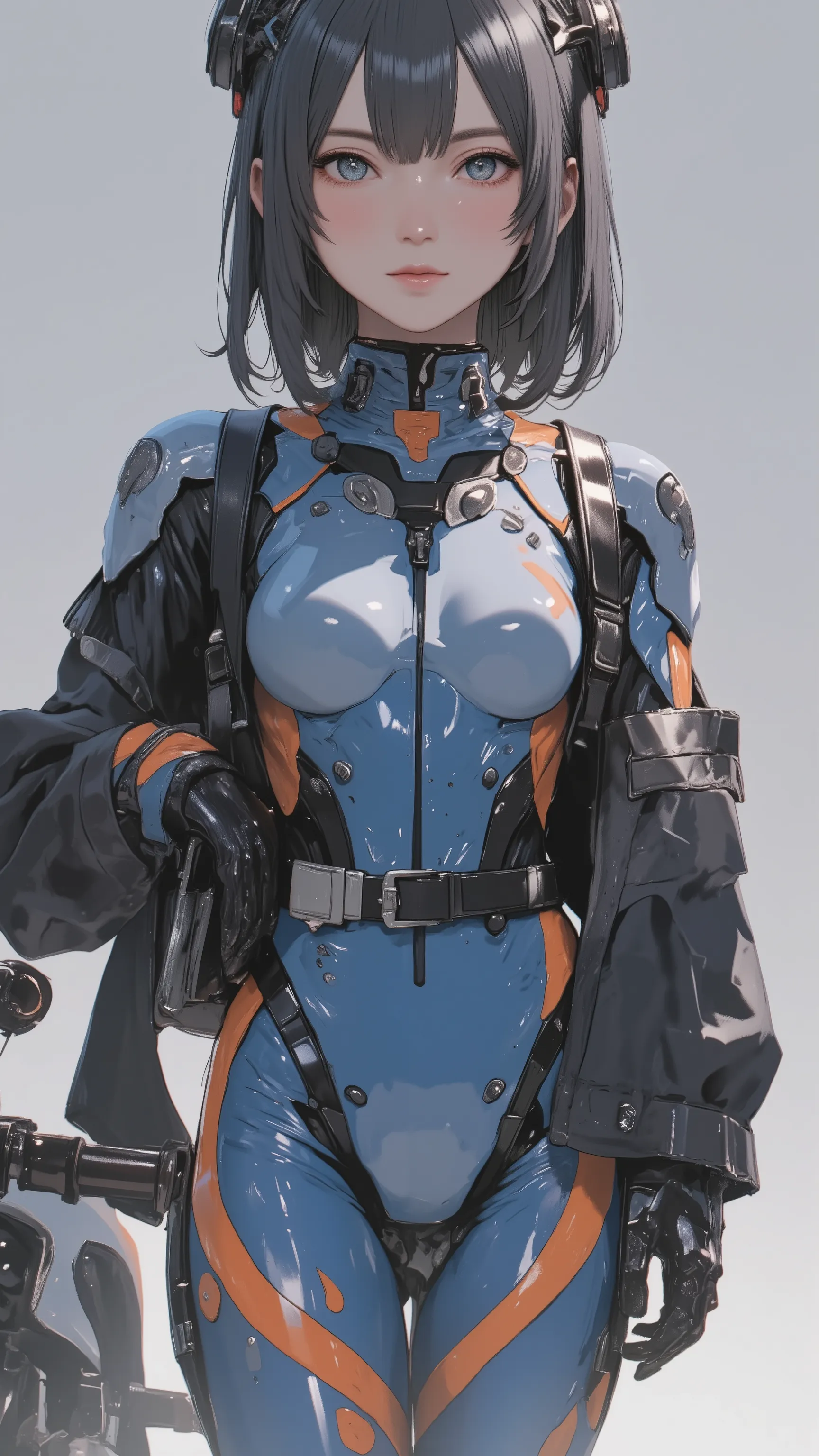 live-action 、Genuine 、Official Design、 beautiful Japanese female pilot 、 Thin blue and orange pilot suit、 high tech sneakers that amplify light 、 black hair、 shorthairs 、Back view、Stick out your butt and lean against the bike、big ass、