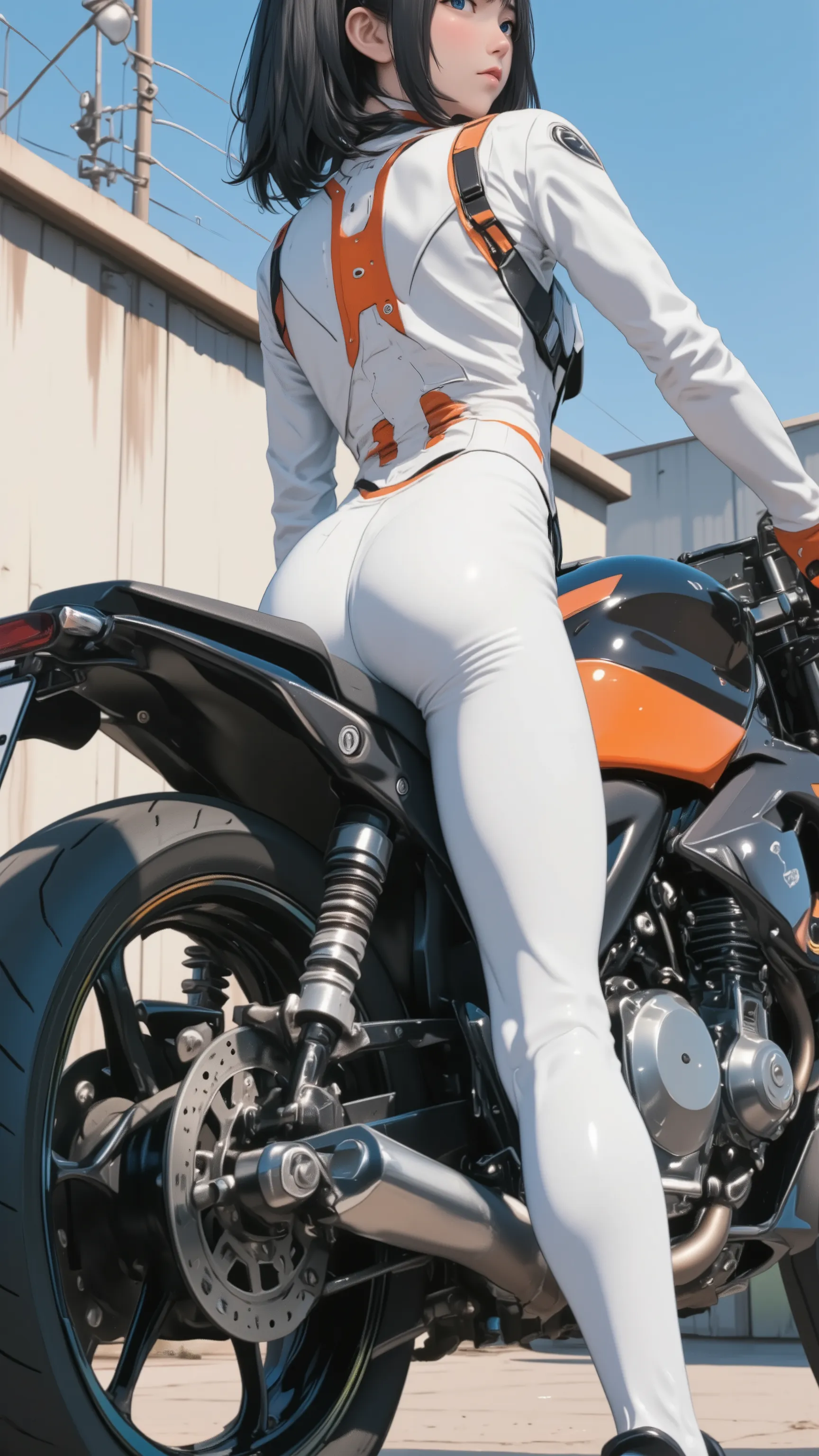 live-action 、Genuine 、Official Design、 美しい日本人女性パイロットのBack view 、 white and orange pilot suit、 high tech sneakers that amplify light 、 black hair、 shorthairs 、Back view、Stick out your butt and lean against the bike、big ass、