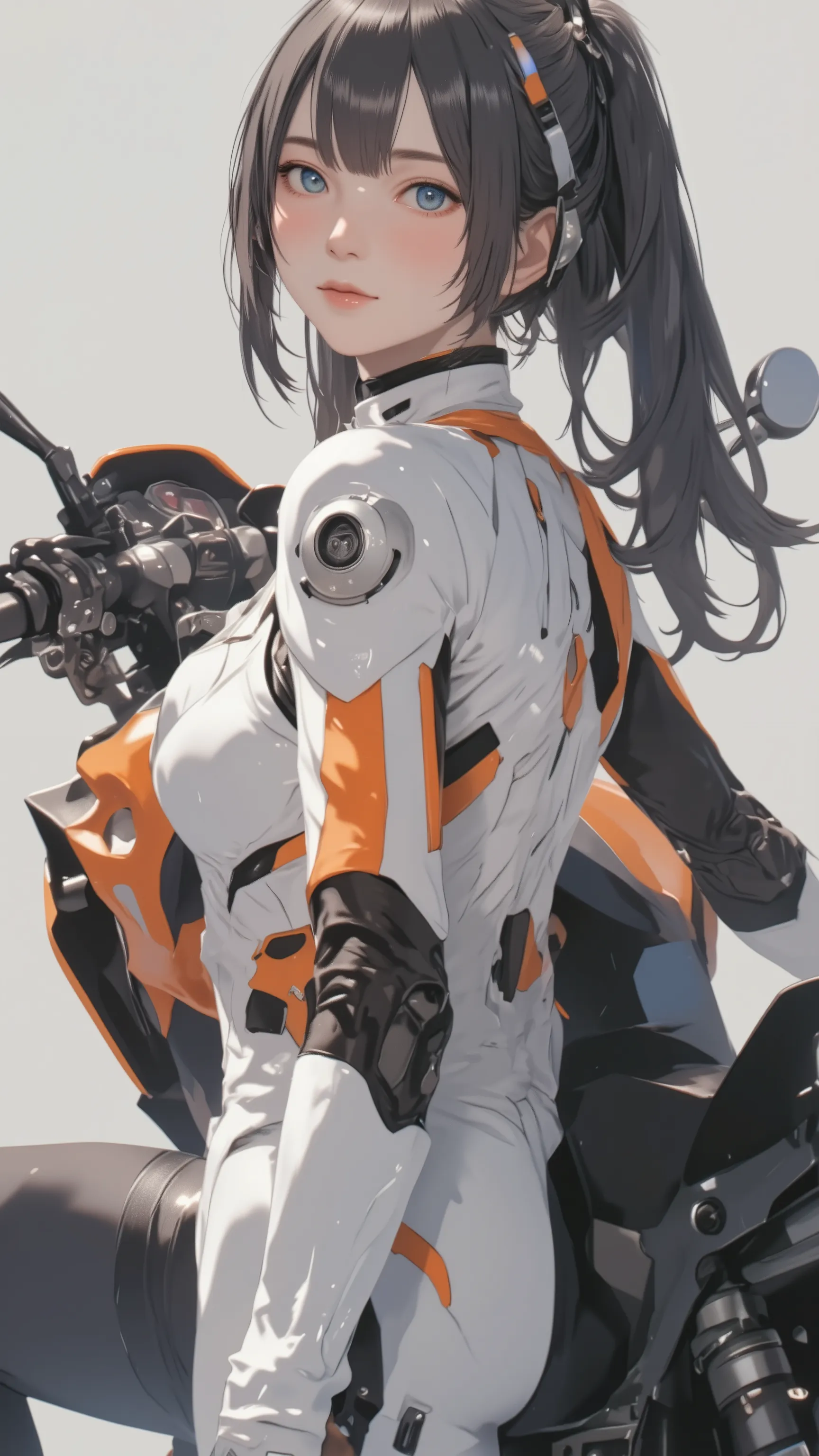live-action 、Genuine 、Official Design、 美しい日本人女性パイロットのBack view 、 white and orange pilot suit、 high tech sneakers that amplify light 、 black hair、ponytail、Back view、Stick out your butt and lean against the bike、big ass、sexy、