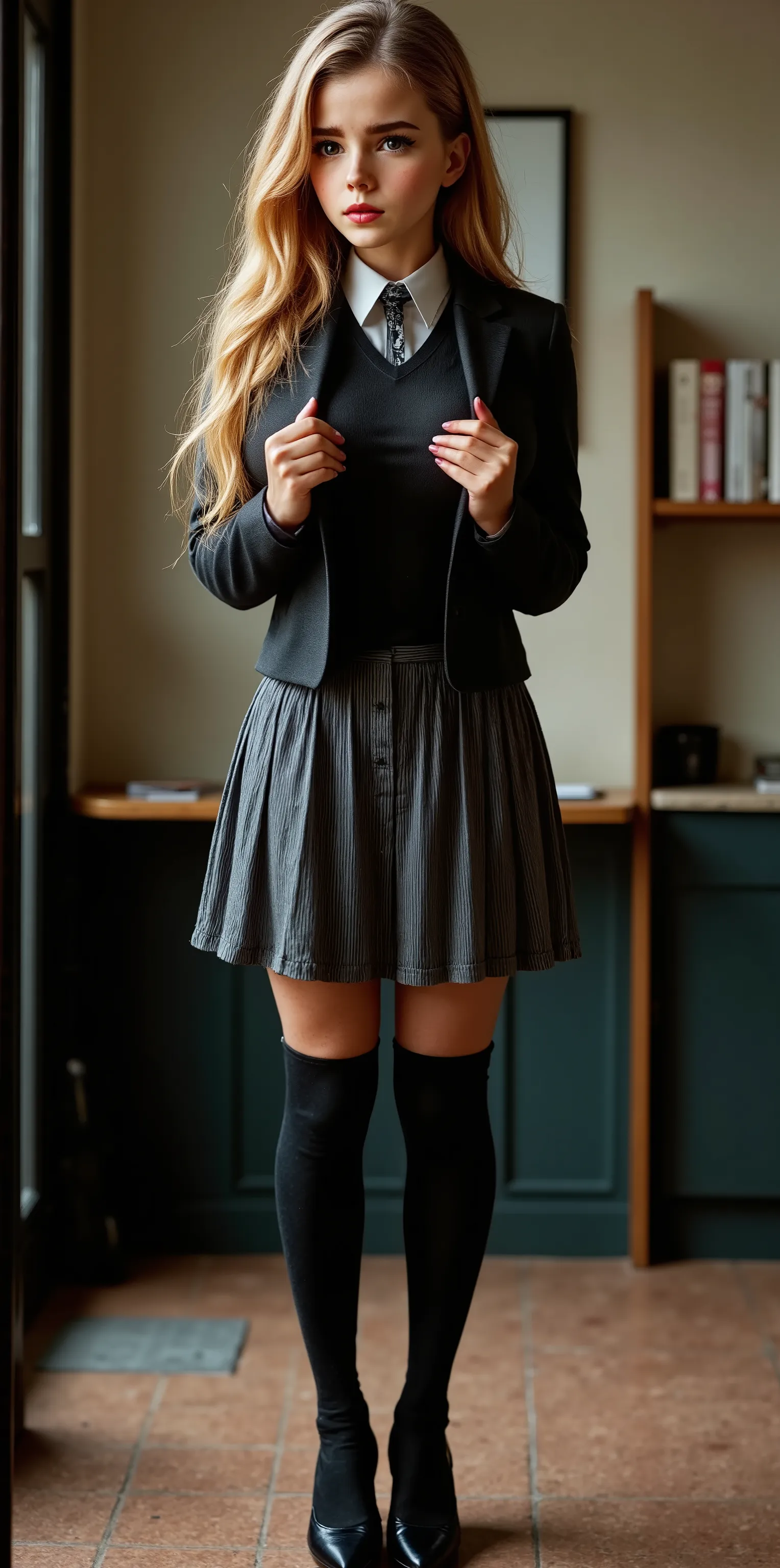 slender body,large breasts,Missile Breasts,top heavy, 1girl, tiny hips, huge breasts, gigantic breasts, small hips, skinny,(Hermione Granger:1.3), high_resolution, skin_detail, lustrous_skin,skindentation,1girl, brown hair, freckles, partelong hair, d_lips...