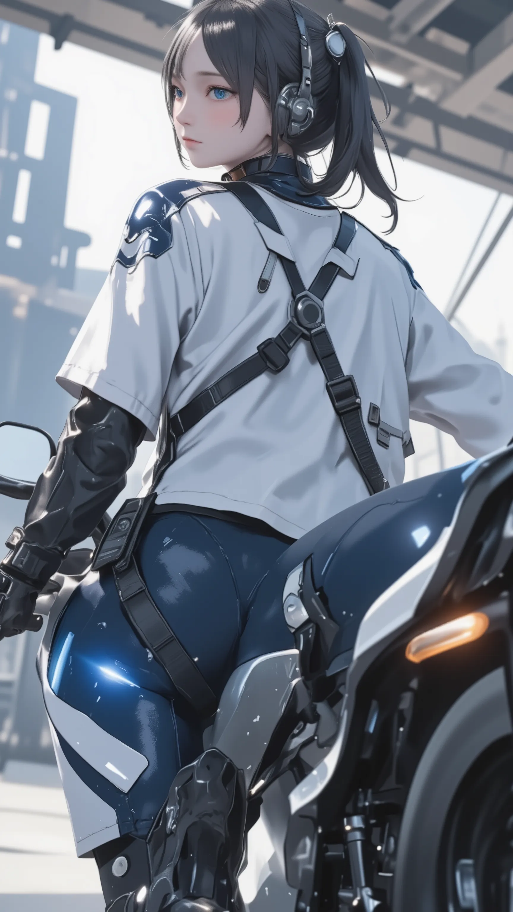live-action 、Genuine 、Official Design、 Back view of a beautiful Japanese female pilot 、 white and navy blue pilot suit、 high tech sneakers that amplify light 、 black hair、ponytail、Lean on a motorcycle with your butt sticking out from behind、big ass、sexy、