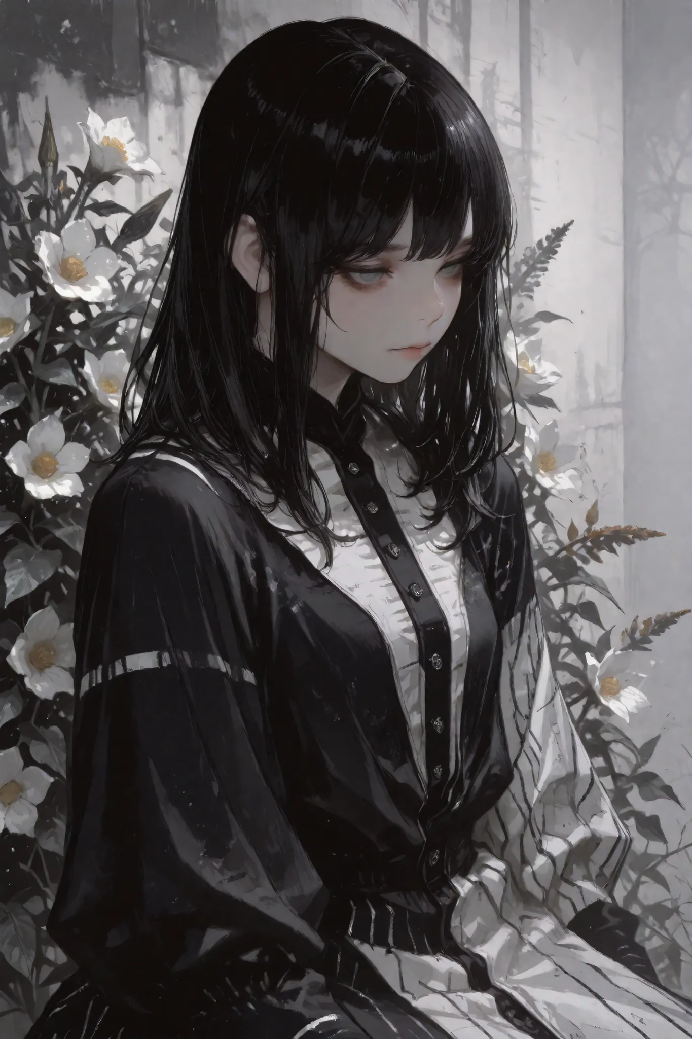 1 woman, Black hair and white stripes, soft gray eyes, historical background, shoulder length hair, somber expression, long sleeved dress, flowers