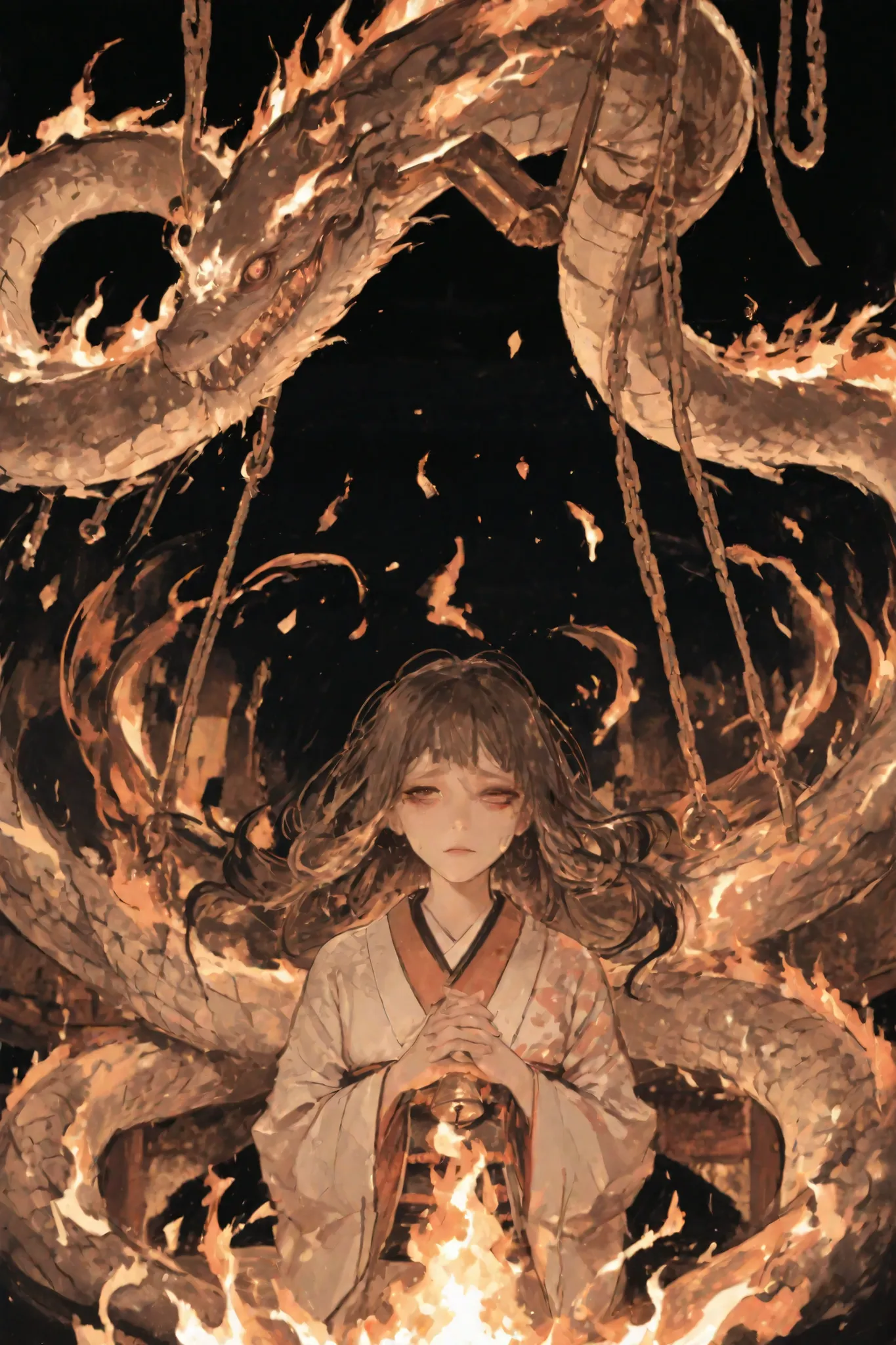 A vertical, semi-realistic symbolic painting inspired by a tragic Japanese legend. In the center of the composition hangs a massive, ancient bronze temple bell suspended from a wooden temple belframe. A woman with the upper body of a beautiful, sorrowful y...