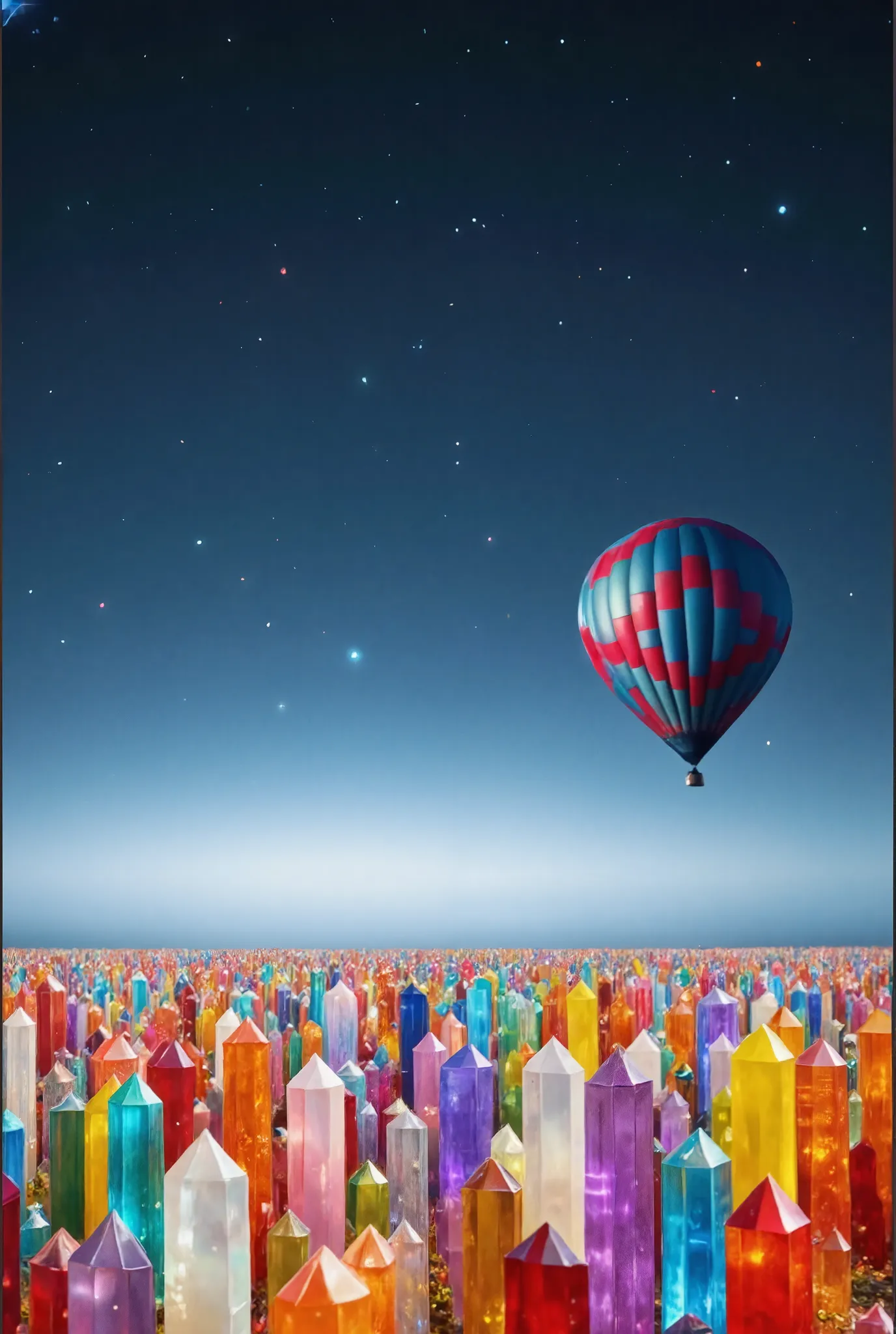 A strange planet far away from Earth where every square inch of land is completely covered with translucent multicolored  crystals.  Hundreds of millions of them cover the landscape like a magic blanket, a hot air balloon in the background, highly detailed...