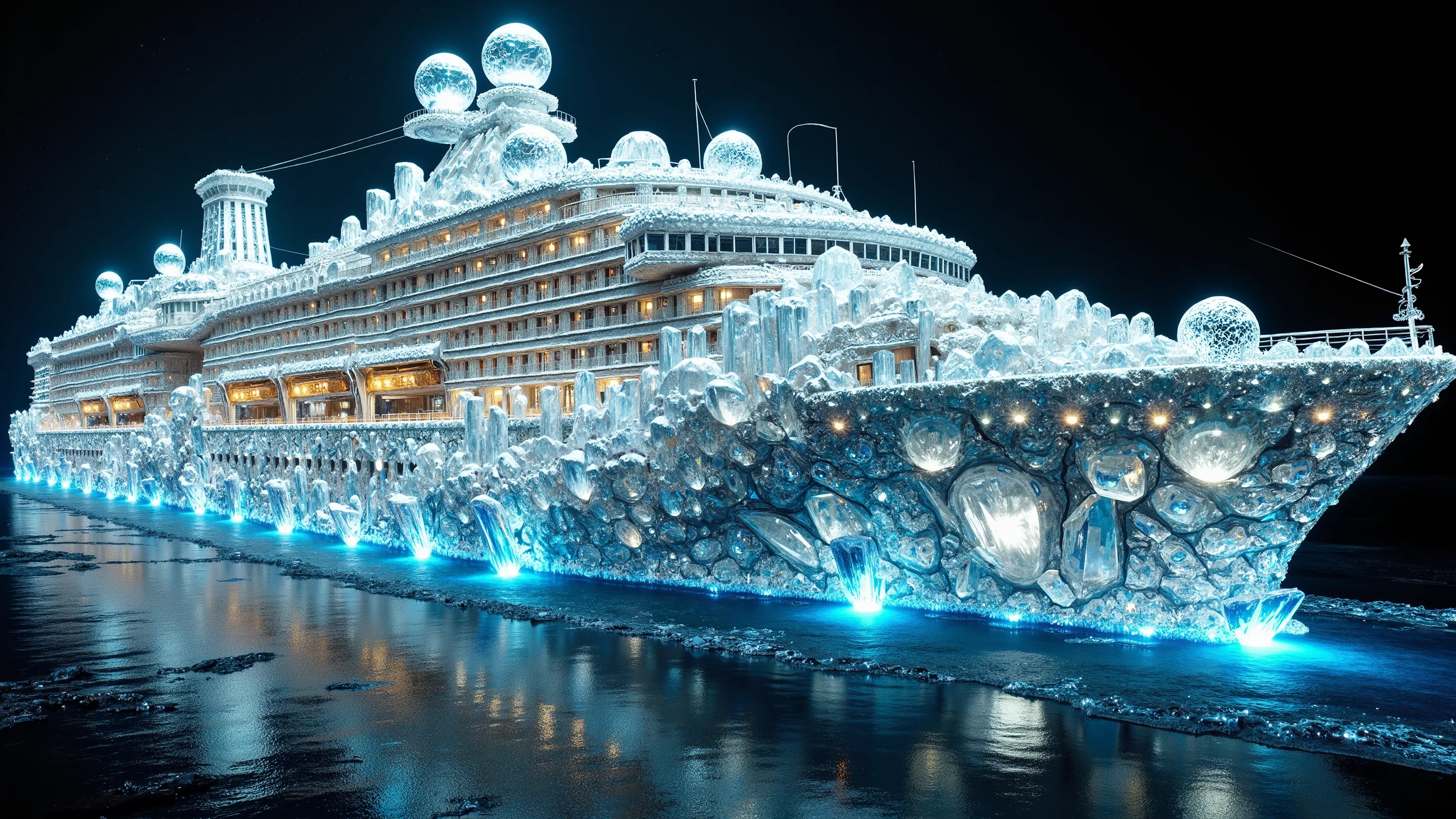 A gigantic ocean liner cruise ship made entirelyout of enormous sized quartz crystals found deep in the earth, hollowed out and built unto a cruise ship. Ultra-realistic, photo-realistic, highres, 4D mandelbulb, stunning, visually intoxicating, highest qua...