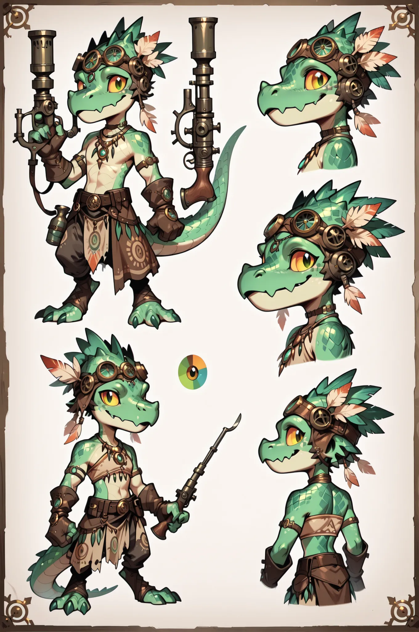 Three( male,green skin, green scales, (((Kobold)), (detailed kobold)) wearing a steampunk tools, a tribal clothes, , character design, toon style