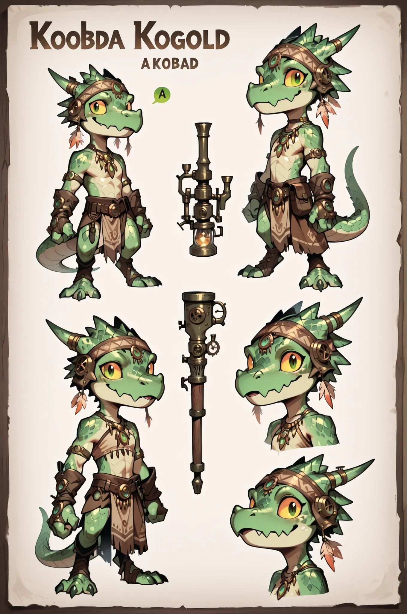 Three( male,green skin, green scales, (((Kobold)), (detailed kobold)) wearing a steampunk tools, a tribal clothes, , character design, toon style