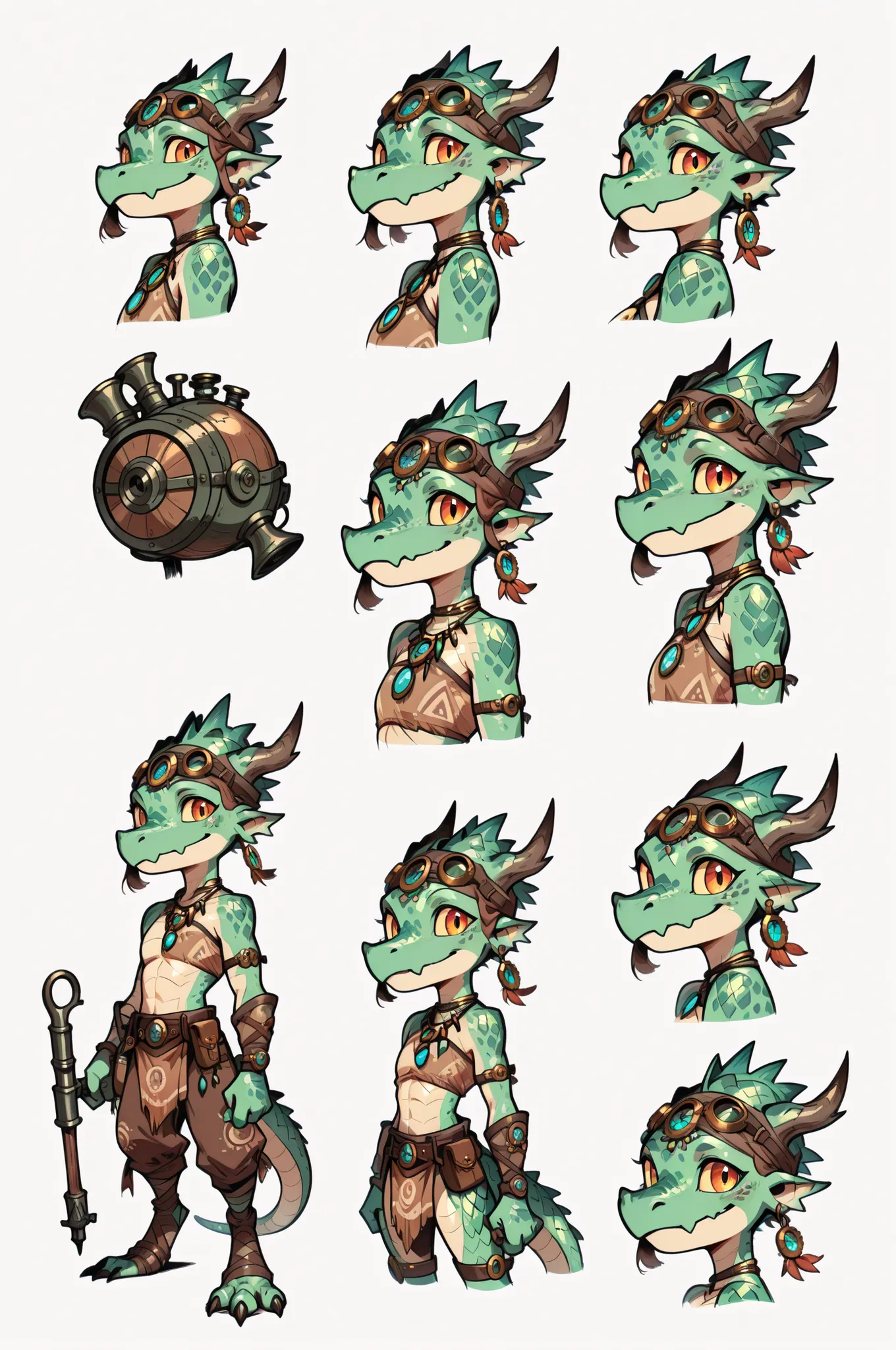 Three( male,green skin, green scales, (((Kobold)), (detailed kobold)) wearing a steampunk tools, a tribal clothes,character design, toon style, mini