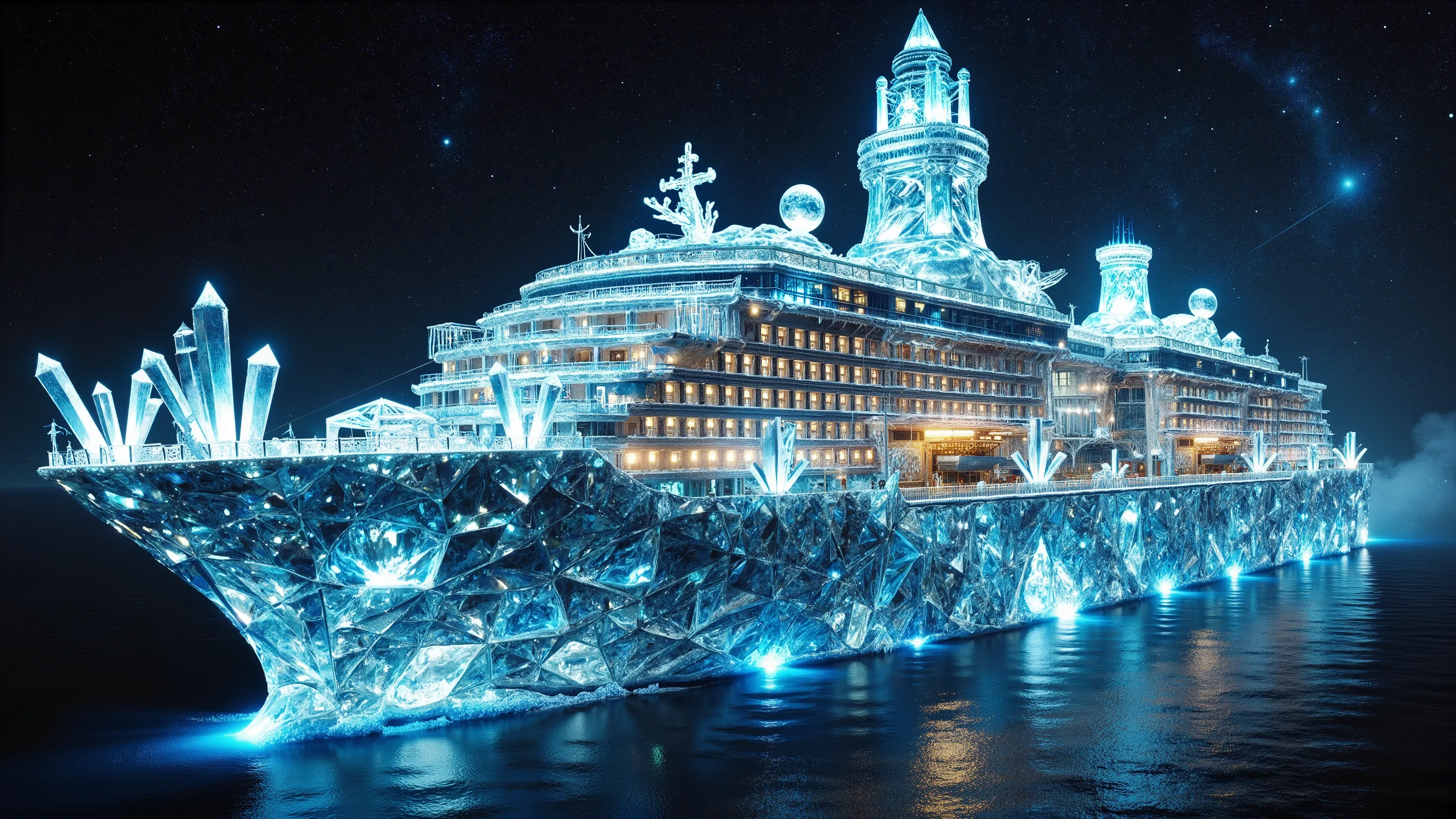 a gigantic ocean liner cruise ship made entirely out of enormous sized quartz crystals found deep in the earth, hollowed out and built unto a cruise ship, 8k, high resolution,ultra-realistic, photorealistic, physically-based rendering, ultra-detailed, mast...