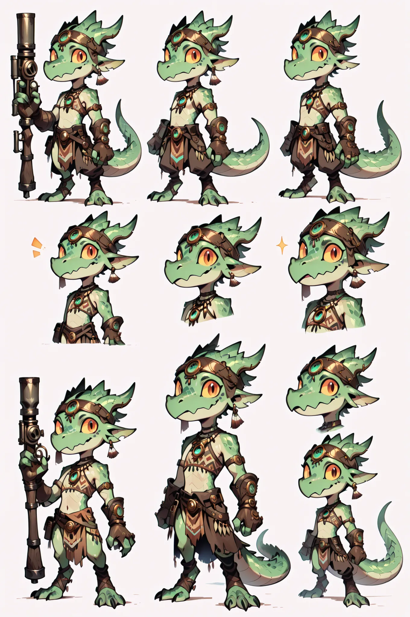 Three( male,green skin, green scales, (((Kobold)), (detailed kobold)) wearing a steampunk tools, a tribal clothes,character design, toon style, mini