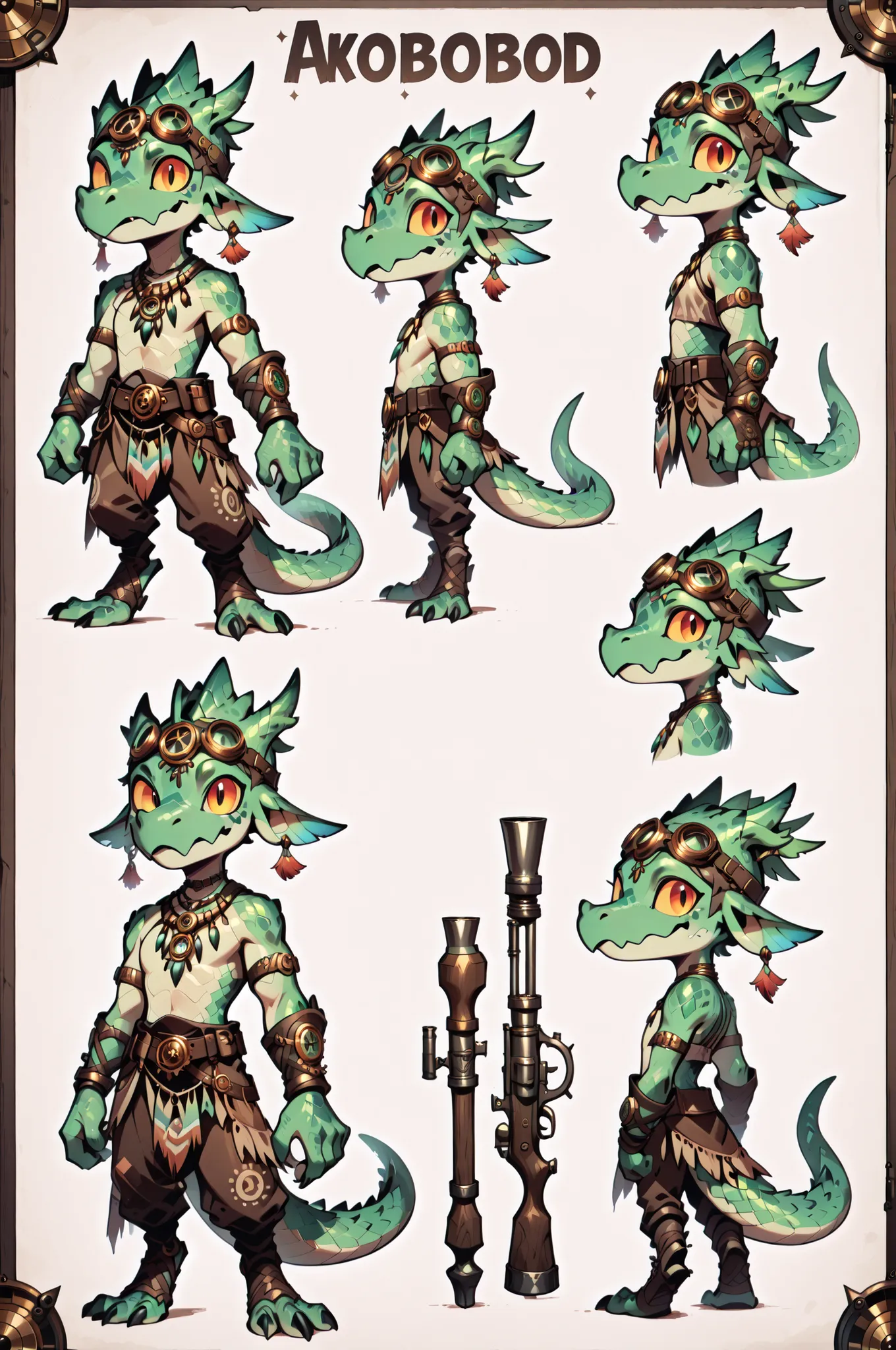 Three( male,green skin, green scales, (((Kobold)), (detailed kobold)) wearing a steampunk tools, a tribal clothes,character design, toon style, mini