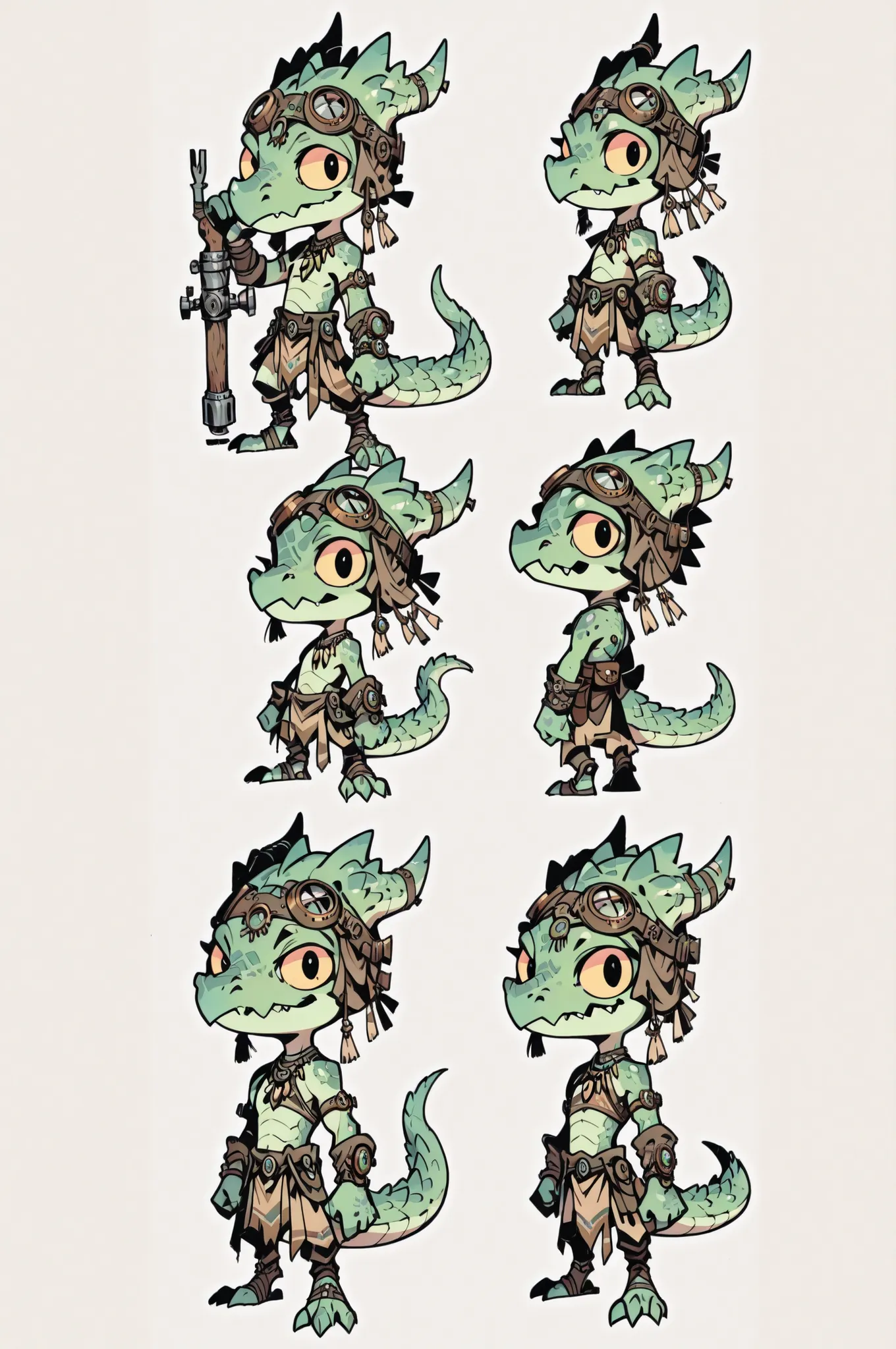 Three( male,green skin, green scales, (((Kobold)), (detailed kobold)) wearing a steampunk tools, a tribal clothes, character design, toon style, chibi