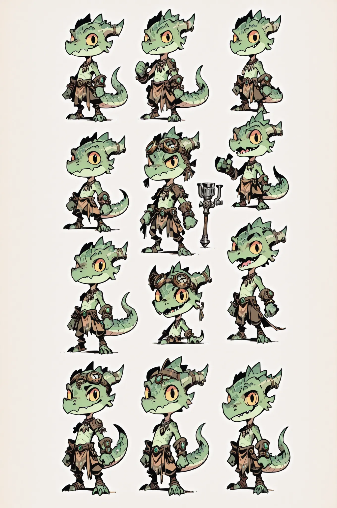 Three( male,green skin, green scales, (((Kobold)), (detailed kobold)) wearing a steampunk tools, a tribal clothes, character design, toon style, chibi