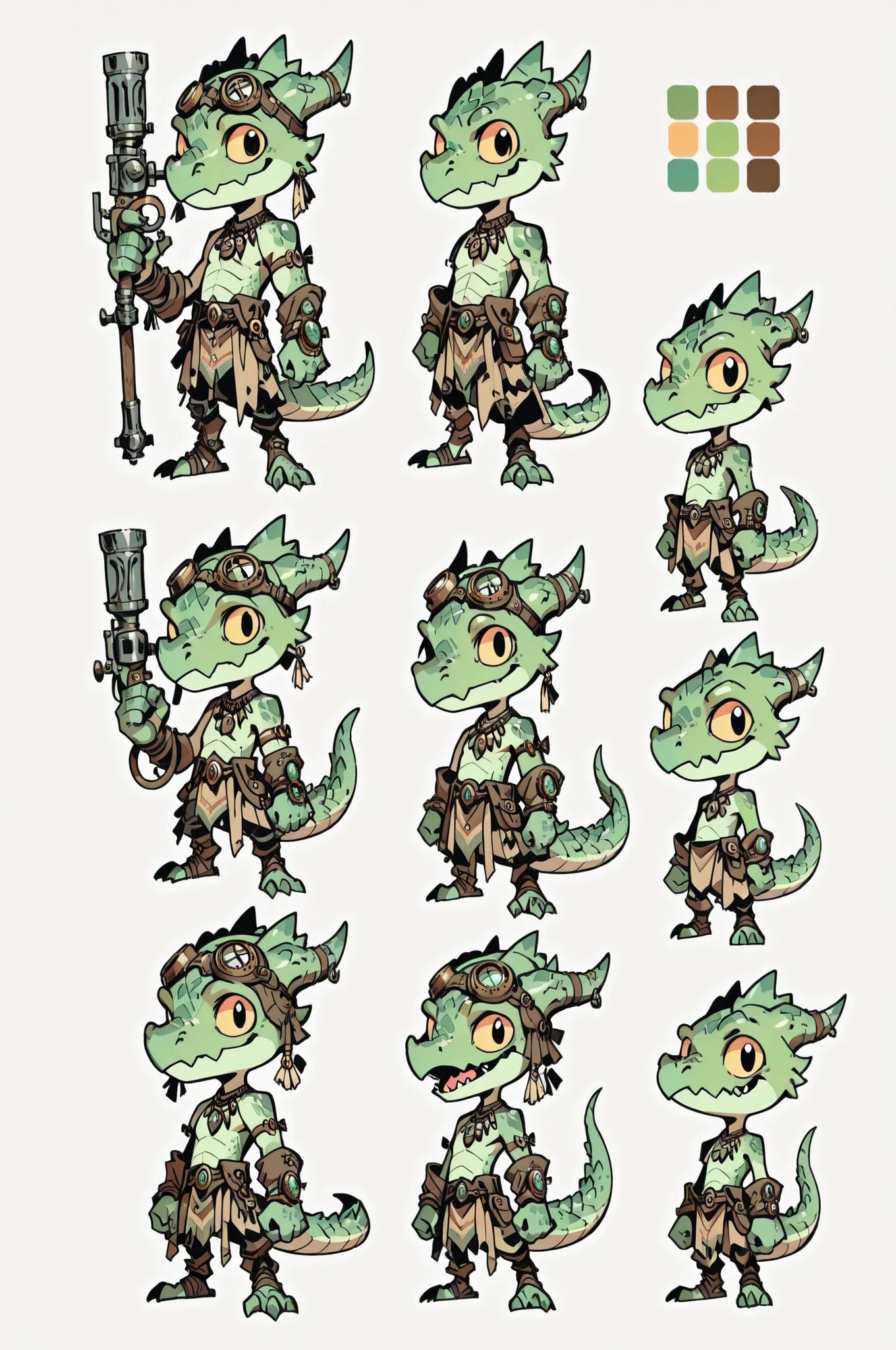 Three( male,green skin, green scales, (((Kobold)), (detailed kobold)) wearing a steampunk tools, a tribal clothes, character design, toon style, chibi