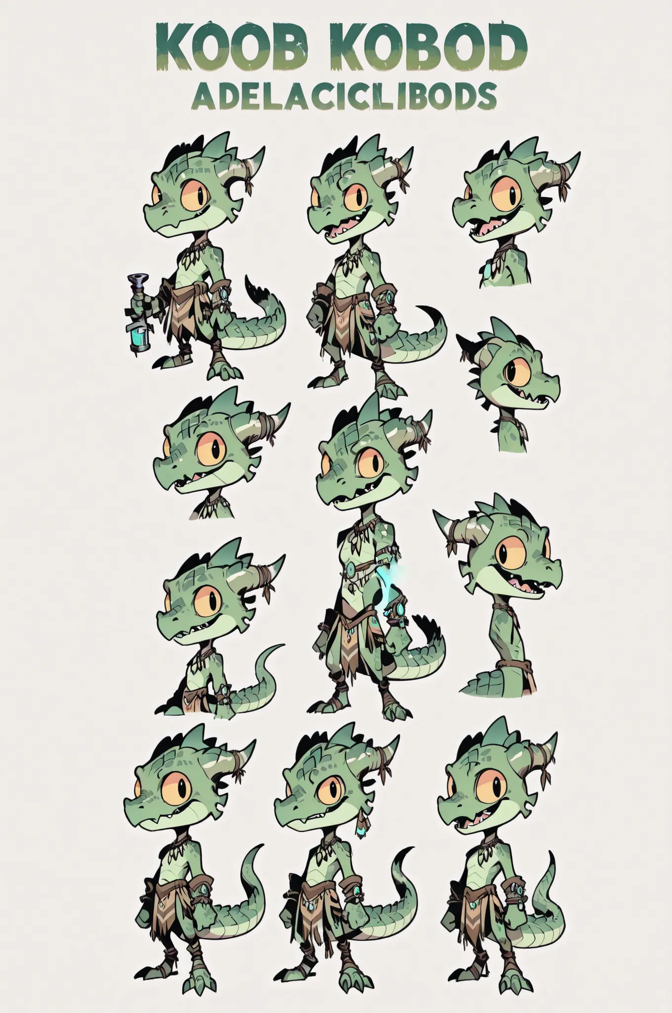 Three( male,green skin, green scales, (((Kobold)), (detailed kobold)) wearing a chemical tools, a tribal clothes, character design, toon style, chibi