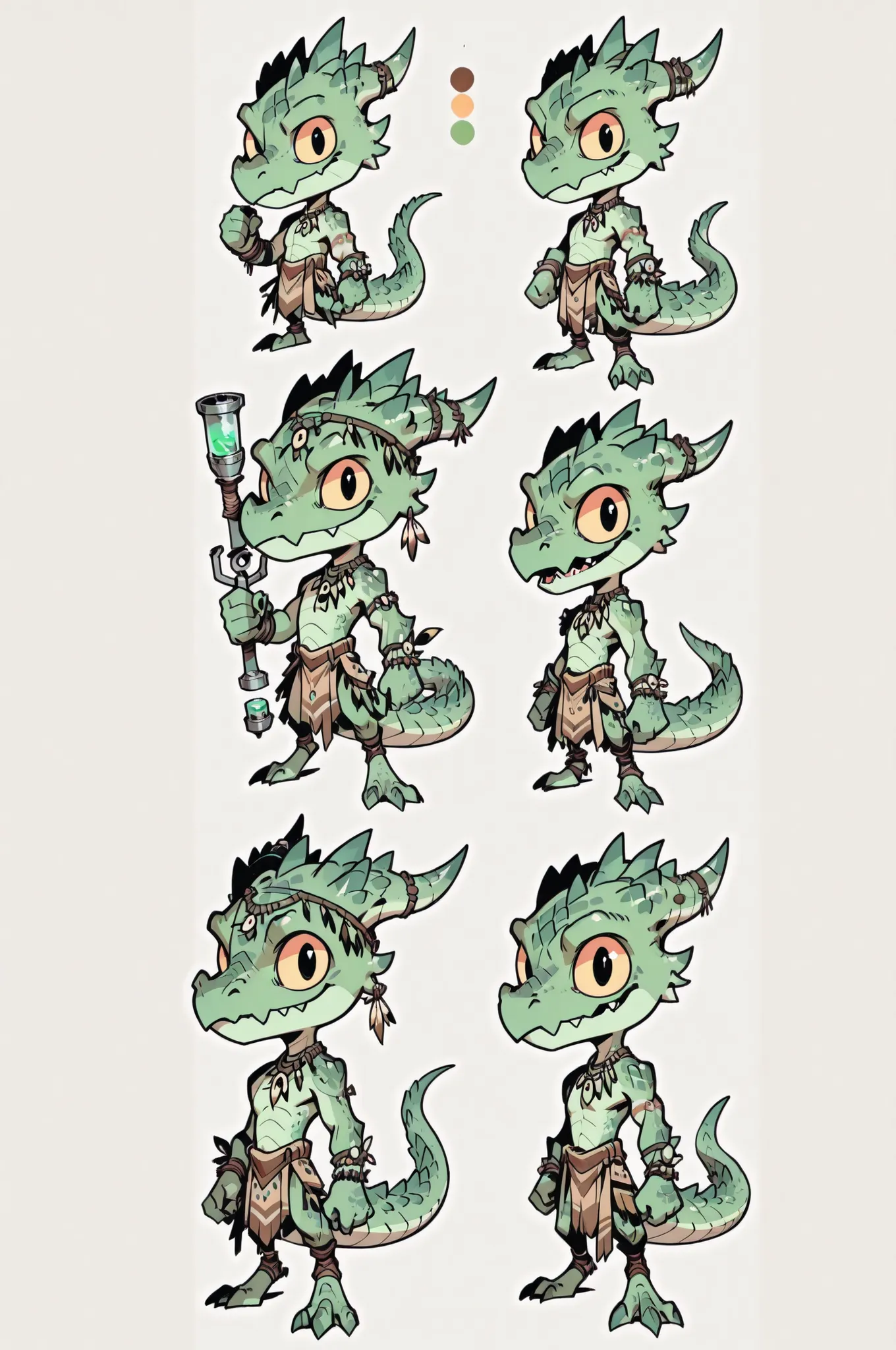 Three( male,green skin, green scales, (((Kobold)), (detailed kobold)) wearing a chemical tools, a tribal clothes, character design, toon style, chibi