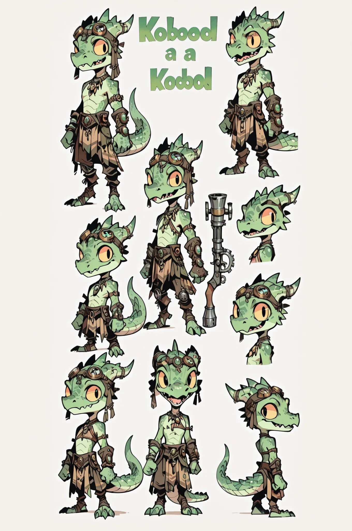 Three( male,green skin, green scales, (((Kobold)), (detailed kobold)) wearing a steampunk tools, a tribal clothes, character design, toon style, chibi
