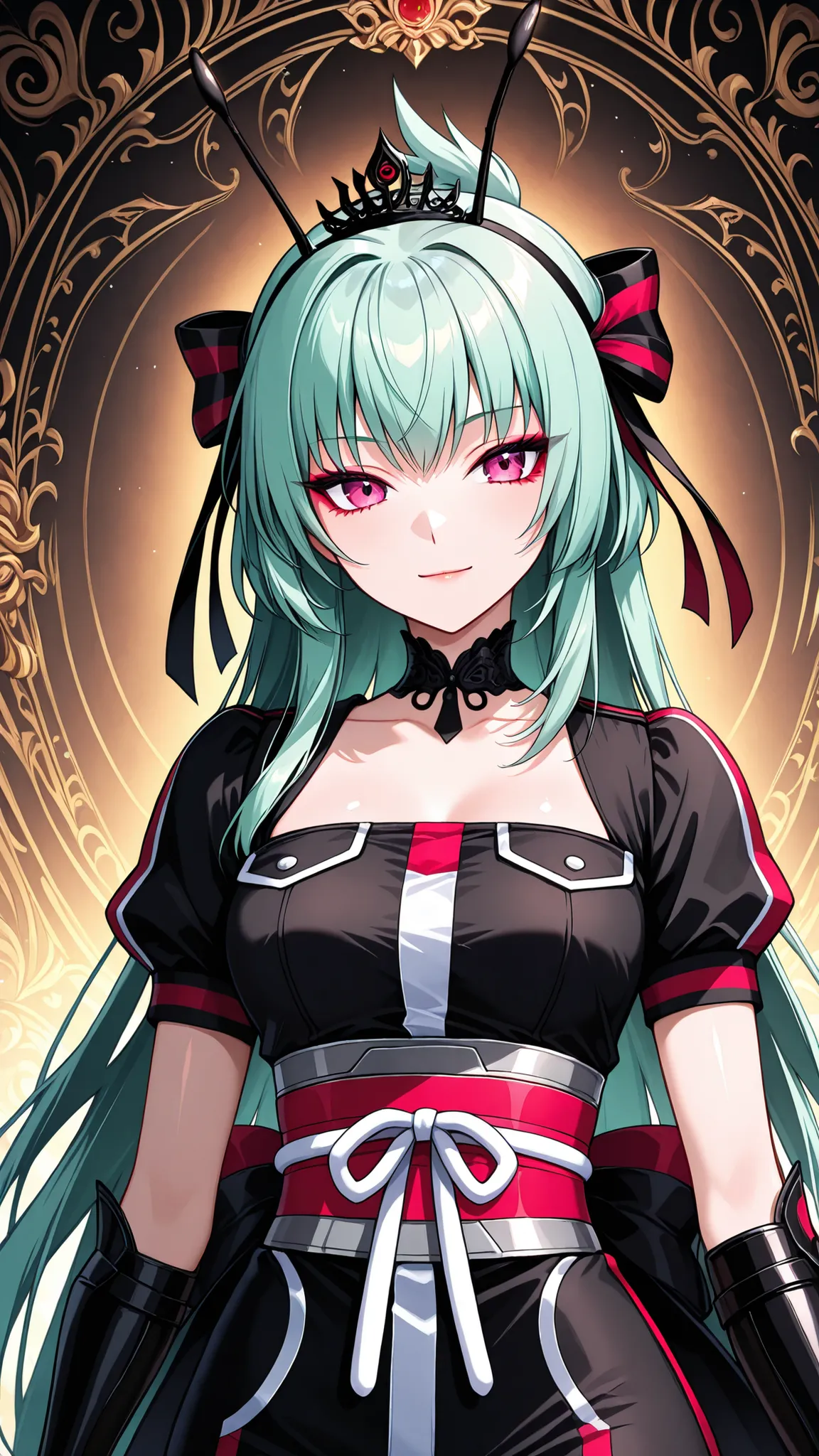 solo, kanzaki_saya,  elegant and regal female, Tight waist、Small waist、shiny Skin , Ant antennae, black headgear, Black Gauntlets,  wearing ornate black and gold armor-like gown, crown resembling ant mandibles, upper body, light smile,