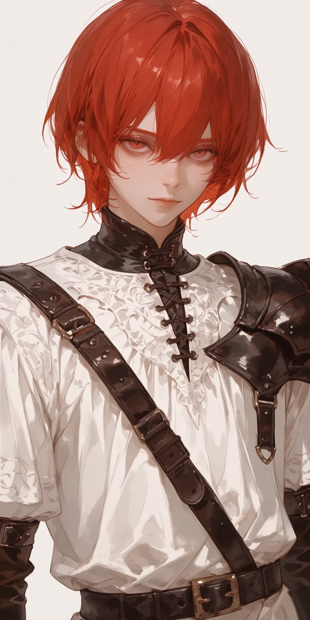 best quality, masterpiece, ultra detailed, atnr, SagawaStyle, 748cmstyle, 1male, CHARACTER FOCUS, minimalist, simple background, overly detailed pupils, red eyes, white tunic, striking red hair, short hair, looking at viewer, leather protector, handsome, m...