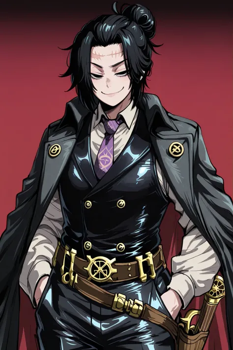 IllusP0s, kurenaiz, masterpiece, ultra highres, best quality, arcane, 1male, male focus, solo, black hair, short hair, Half-Man Bun hair style, black eyes, small pupils, tiny eyes, black trench coat, flowing black trench coat cape, dramatic billowing coat ...