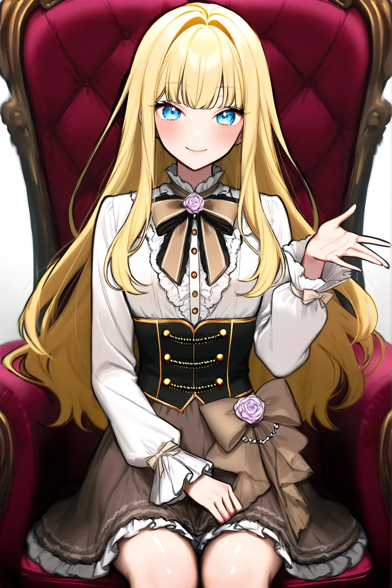 Blonde碧眼、long、hair that stretches to the waist、glossy hair、girls、softly smiling、Dye your cheeks pink、French aristocrat dress、miniskirt、corset with large bow on waist、The skirt is brown、upper body、sitting in a chair、 Heavy Bangs、Ensemble Stars、Light Blue Ey...