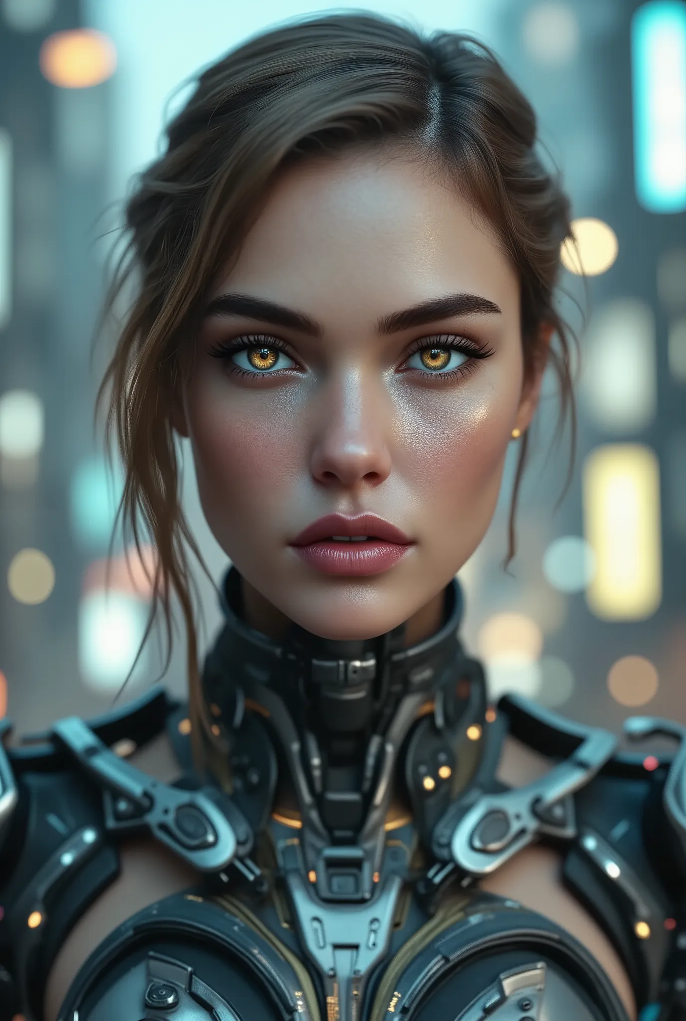 A futuristic robot woman stands, her cybernetic robot attire glistening under soft even lighting. Her medium-bodied figure is centered in a medium-shot, as she locks eye contact with the viewer, her gaze piercing through the digital haze of the cityscape b...