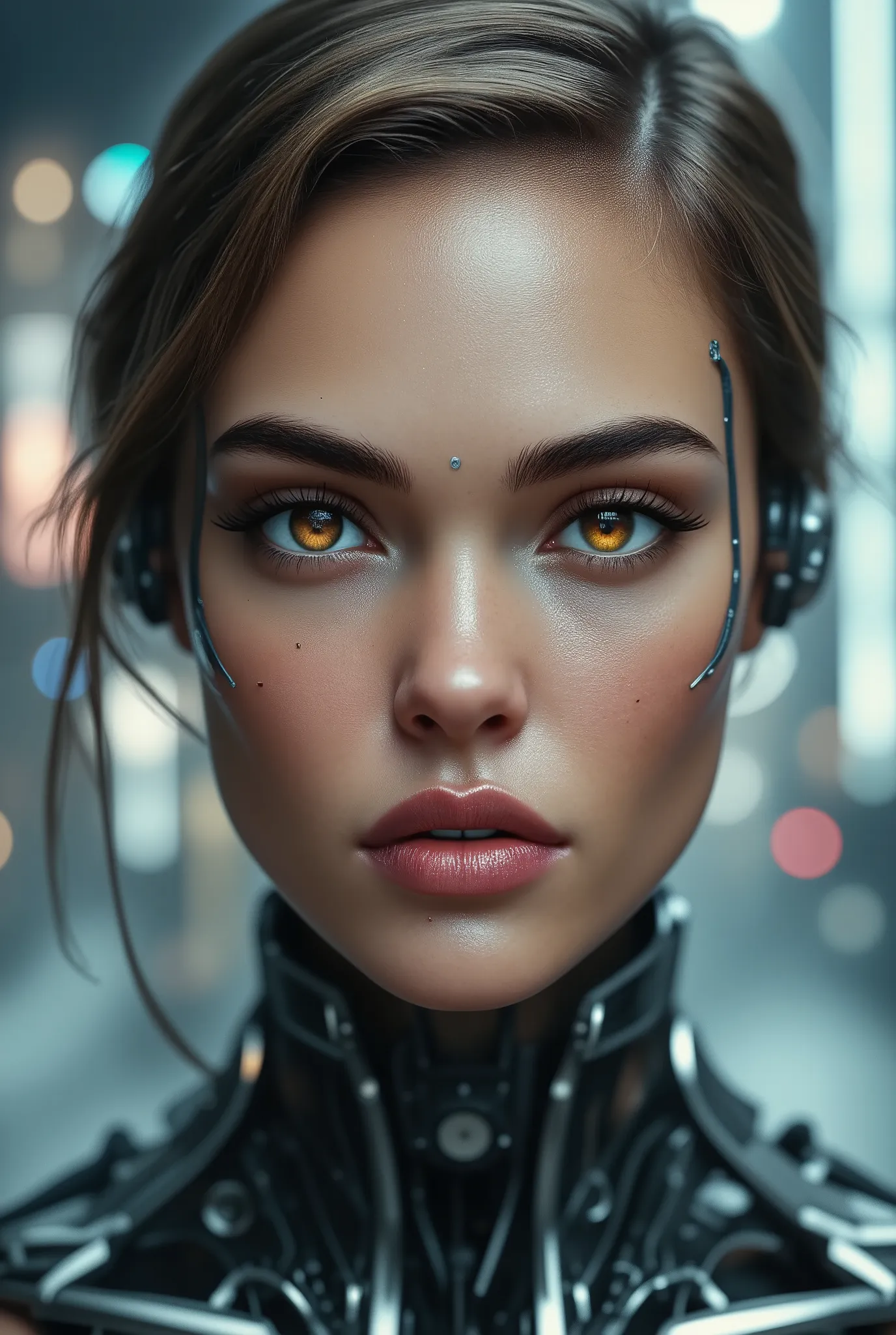 A futuristic robot woman stands, her cybernetic robot attire glistening under soft even lighting. Her medium-bodied figure is centered in a medium-shot, as she locks eye contact with the viewer, her gaze piercing through the digital haze of the cityscape b...