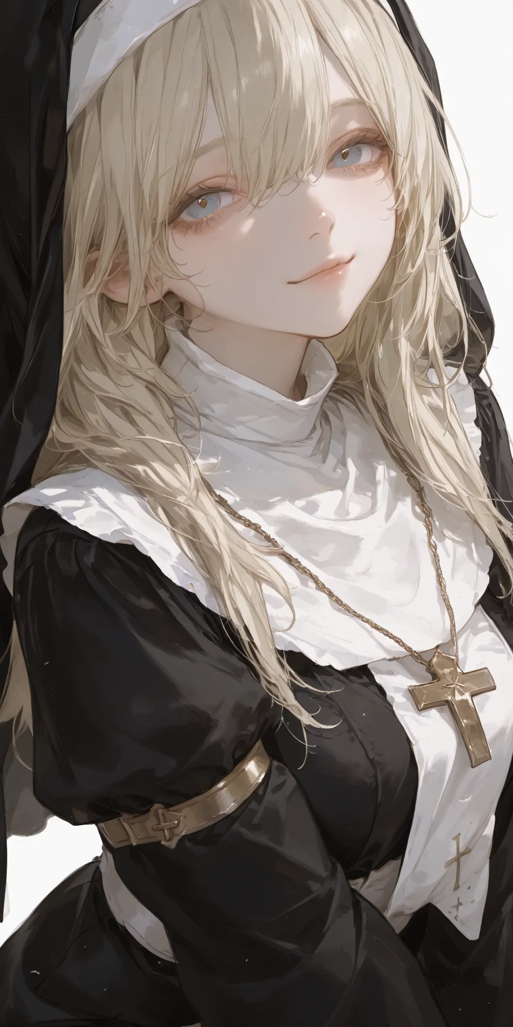 best quality, masterpiece, ultra detailed, atnr, SagawaStyle, 748cmstyle, 1girl, CHARACTER FOCUS, minimalist, simple background, overly detailed pupils, blue eyes, nun, long blonde hair, looking at viewer, archaic smile, half closed eyes, only one cross on...