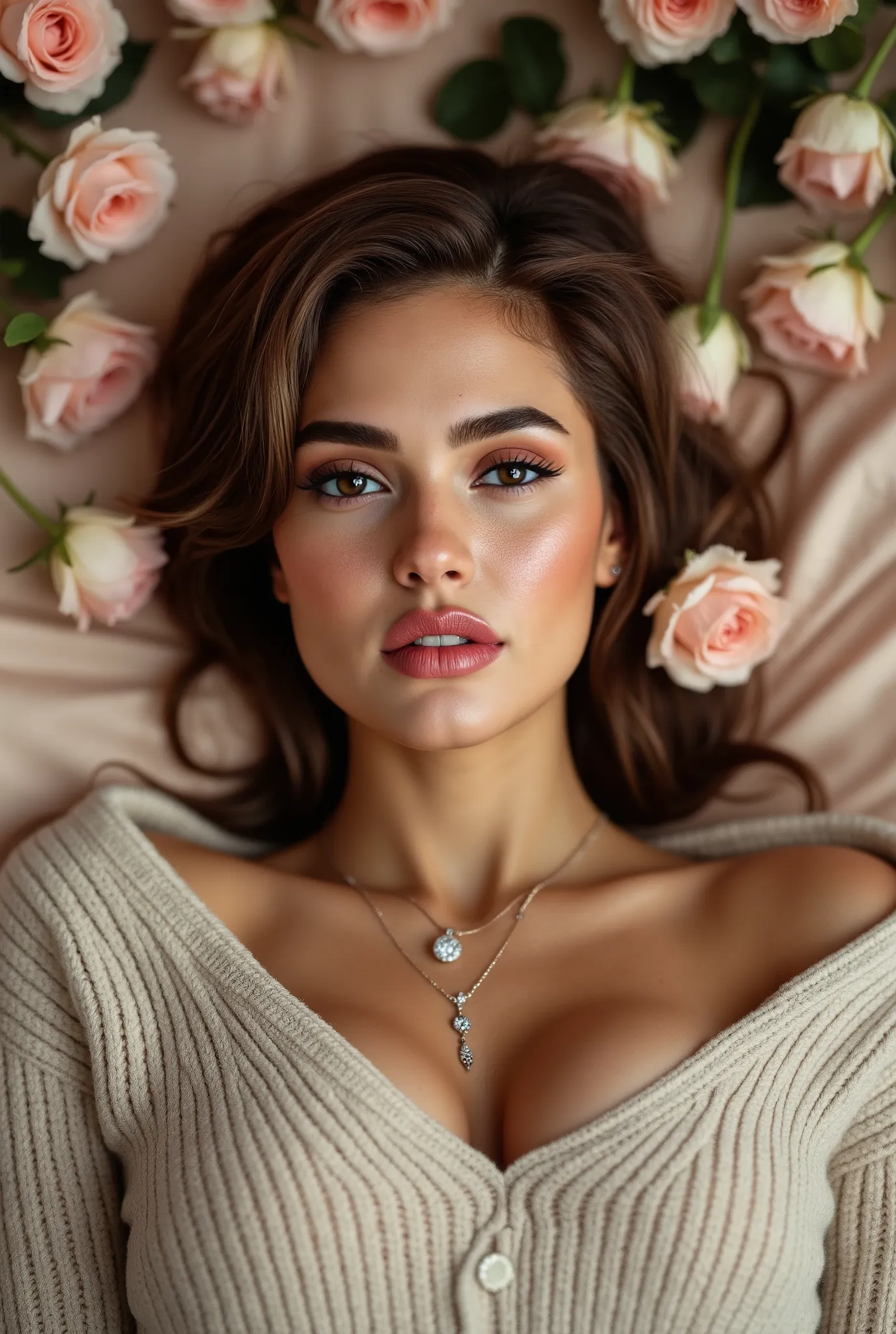  from above, best quality, ultra high res, (photorealistic:1.4), Ana Sofia Fehn, instagram make up, long sleeve sweater, diamond pendant, natrual breasts (cleavage), (lucious hair:1.3), (lying on her back on a bed with satin sheets and surrounded by roses:...