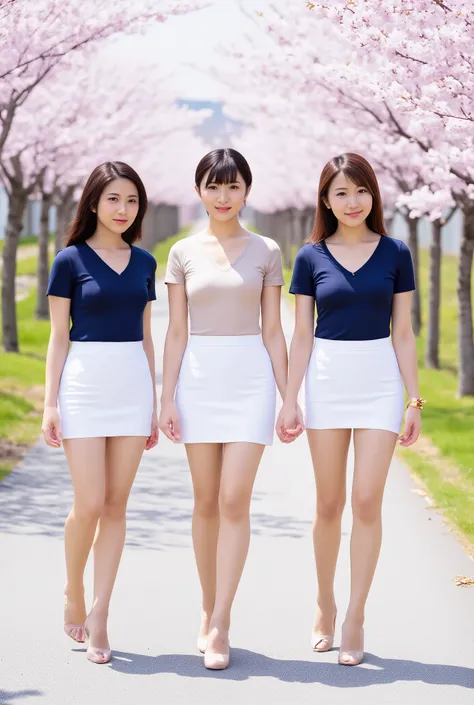 3 Japanese people in their 20s,3 Women with the prettiest faces,3 people walk side by side through cherry blossom trees,3 Extremely Beautiful Women with a Slim Waist,bust 88 cm,F cup,Nipples are not visible,I won't show,hide,deep v-neck,beige light navy bl...