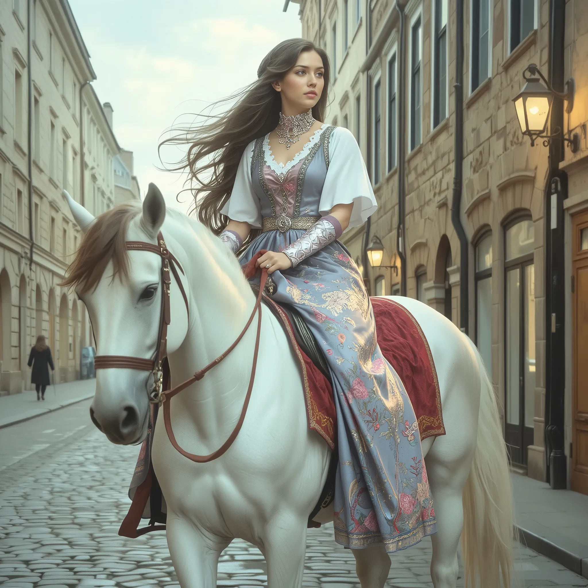 Photorealistic and painterly image inspired by John Collier’s Lady Godiva, reimagined with accurate historical detail. Lady Godiva rides side-saddle on a white horse draped in rich red cloth through a silent, empty medieval town. Her long, flowing brown ha...