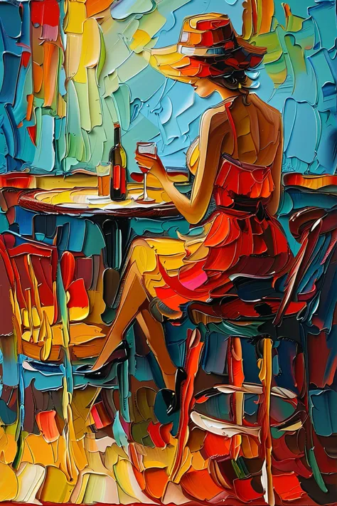  An impressionist-style oil painting, de textura espessa, brushstrokes of,  dry brushing ,  revealing lower layers , a silhouette of a young woman sitting on a chair at a bar table having a drink, romantic environment illuminated by a faint red light, cort...