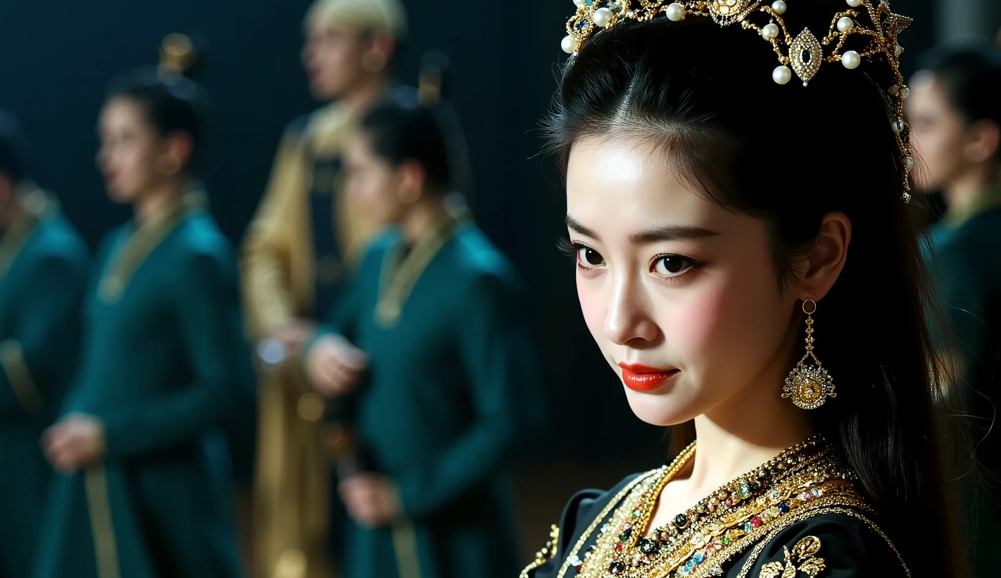 A young Asian woman, positioned slightly off-center to the right of the image, is depicted. She is in her late teens or early twenties.  She has long, dark hair styled in a traditional updo with elaborate gold and pearl accessories. Her skin is pale, and s...