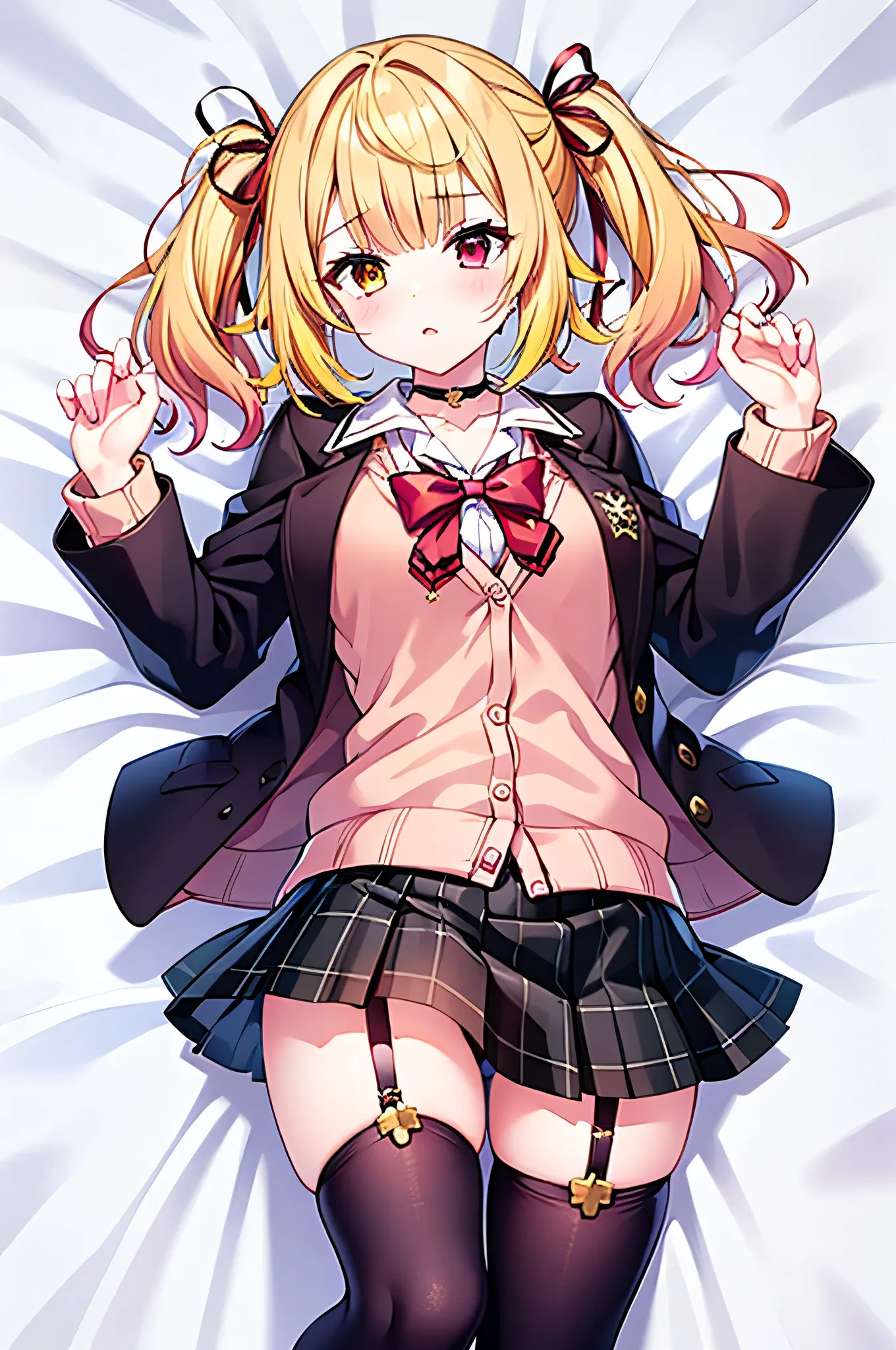 1 person, Red Eyes, Yellow Eyes, Blonde, twin tails, medium hair, hair bow, pink cardigan, Dark Brown Blazer, black thigh high socks, plaid skirt , black choker, Garter Belt, school uniform, white sheets, Lie on your back, Embarrassing, Red cheeks, Seduci...