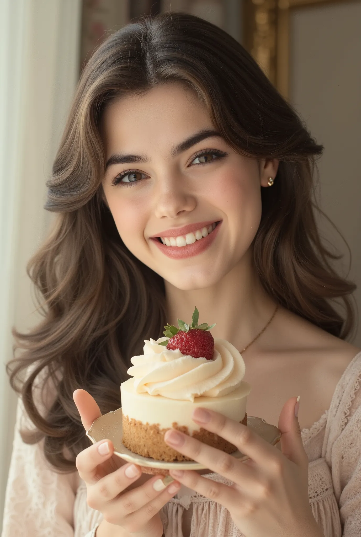 beautiful girl,holding a delicious cake in hand,smiling,graceful expression,wearing a fashionable dress,High Key Lighting,Dreamy atmosphere,precise description,8K rendering,realistic skin,Painting-like texture,Natural Light,understated colors,deep depth of...