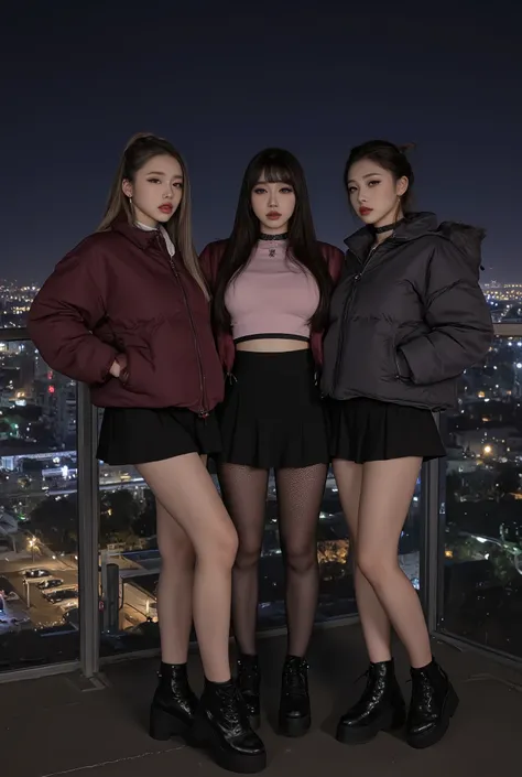 prompt
Ultra-realistic night photography, RAW format, three attractive slim emo goth girls on the balcony of a high-rise building. First Girl (center): 
- Flawless face with icy blue eyes, dramatic smoky makeup
- Long straight dark hair, falling on the sho...