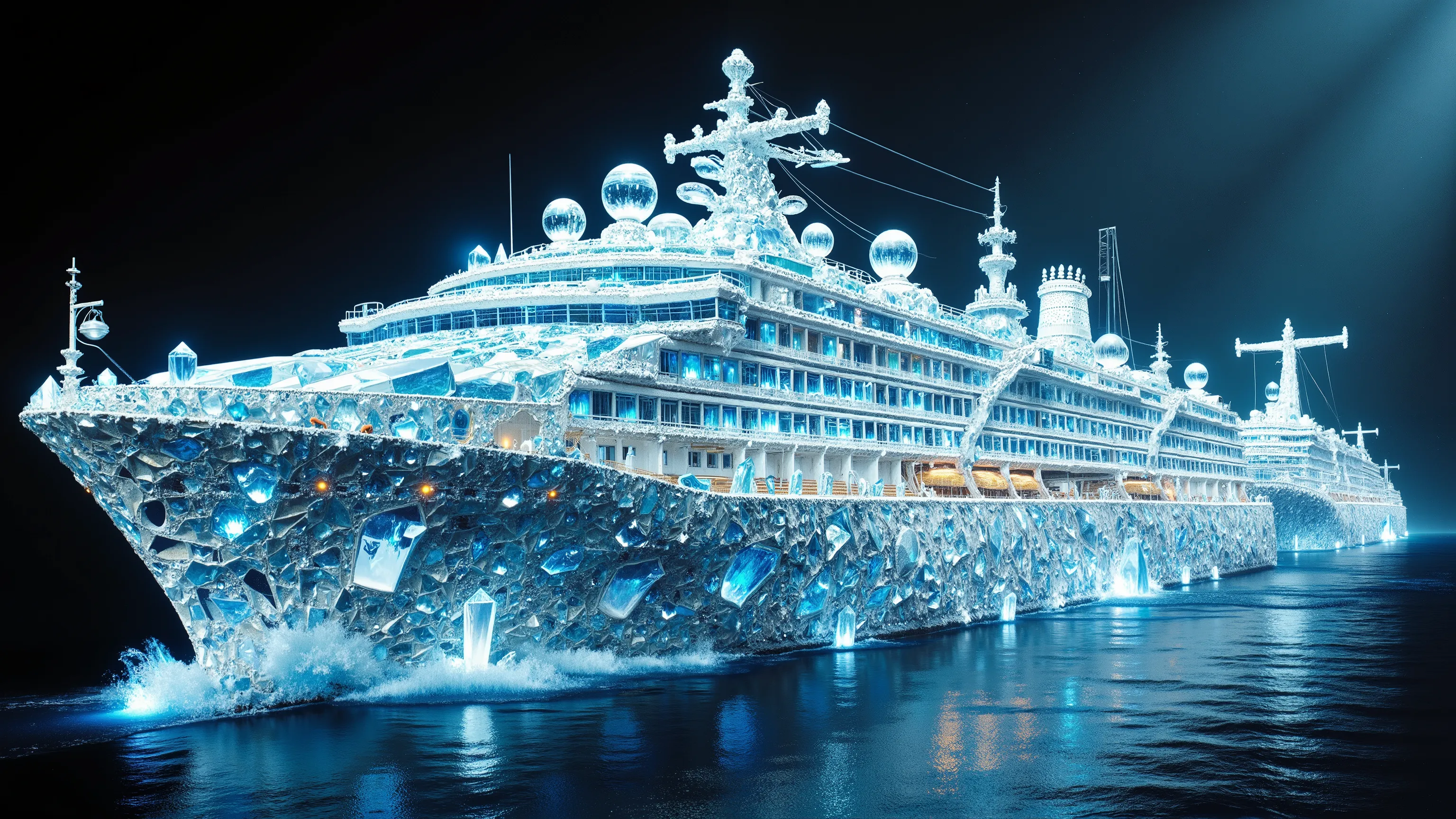 A gigantic ocean liner cruise ship made entirelyout of enormous sized quartz crystals found deep in the earth, hollowed out and built unto a cruise ship. Ultra-realistic, photo-realistic, highres, 4D mandelbulb, stunning, visually intoxicating, highest qua...