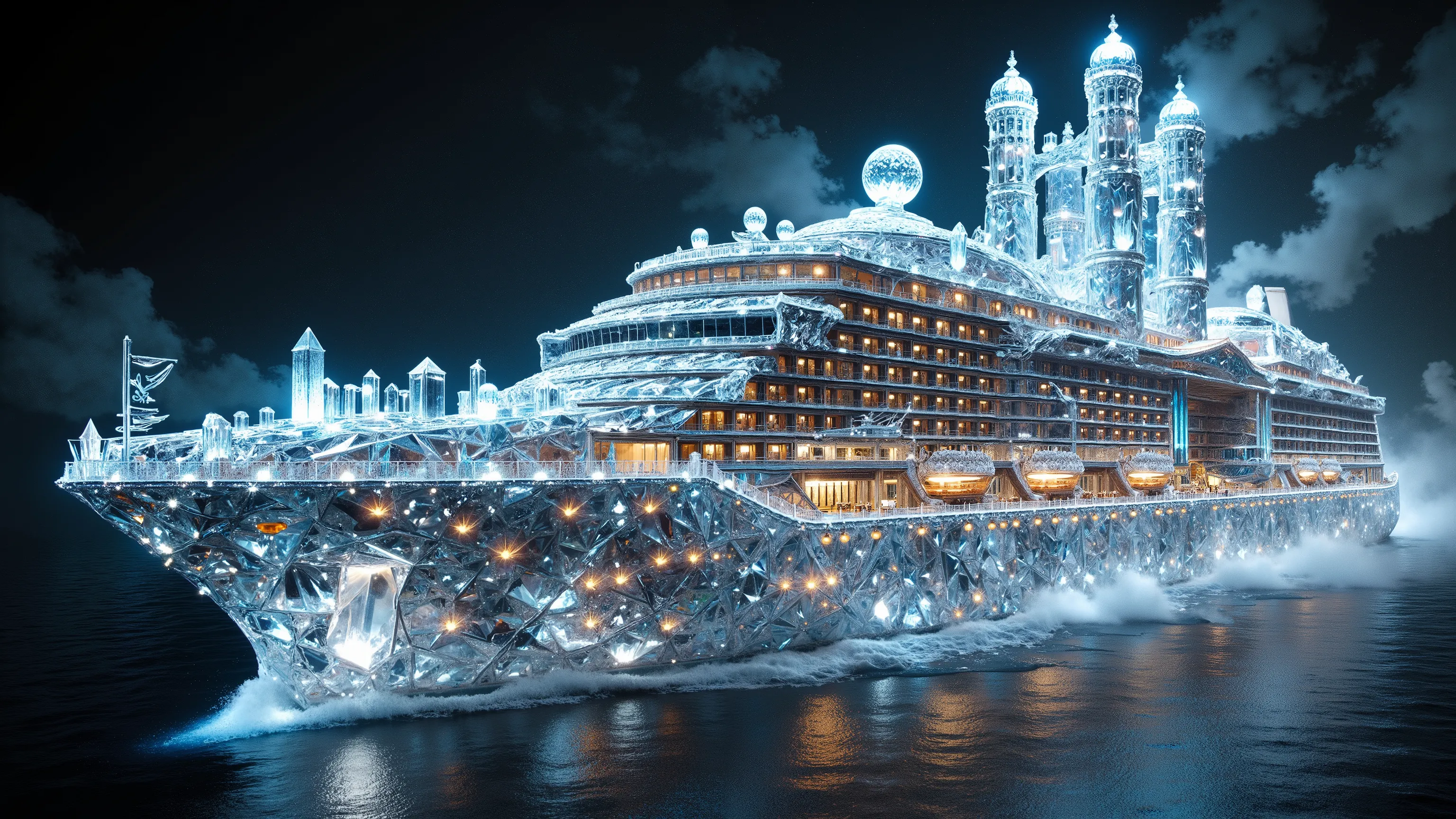 a gigantic ocean liner cruise ship made entirely out of enormous sized quartz crystals found deep in the earth, hollowed out and built unto a cruise ship, 8k, high resolution,ultra-realistic, photorealistic, physically-based rendering, ultra-detailed, mast...